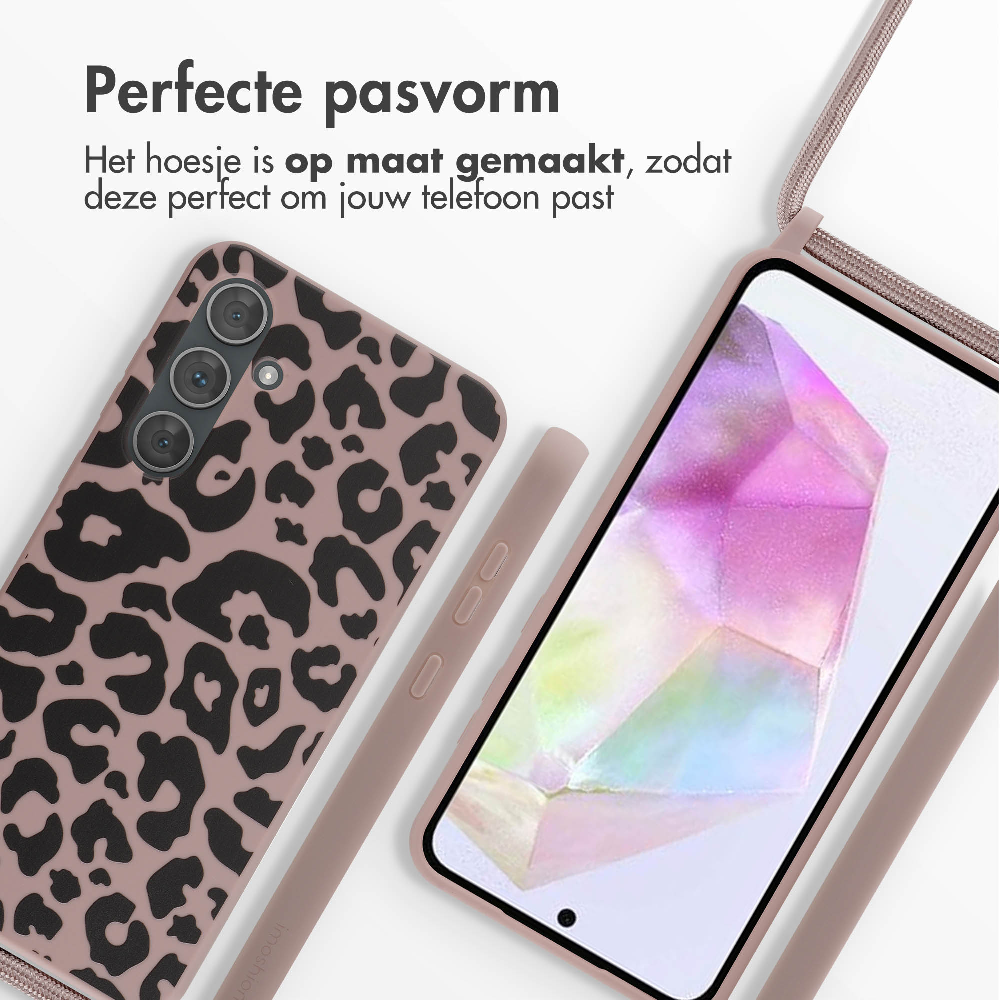 Coque de téléphone avec imprimé léopard, téléphone avec écran noir et une sangle. Un fond rose.