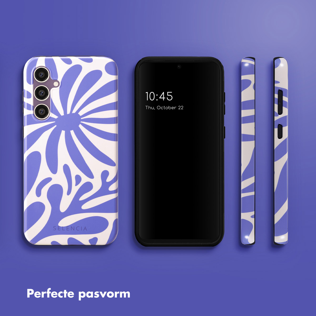 Drie telefoons met een bloemen blauw en wit hoesje. De tijd is 10:45 op 22 oktober.