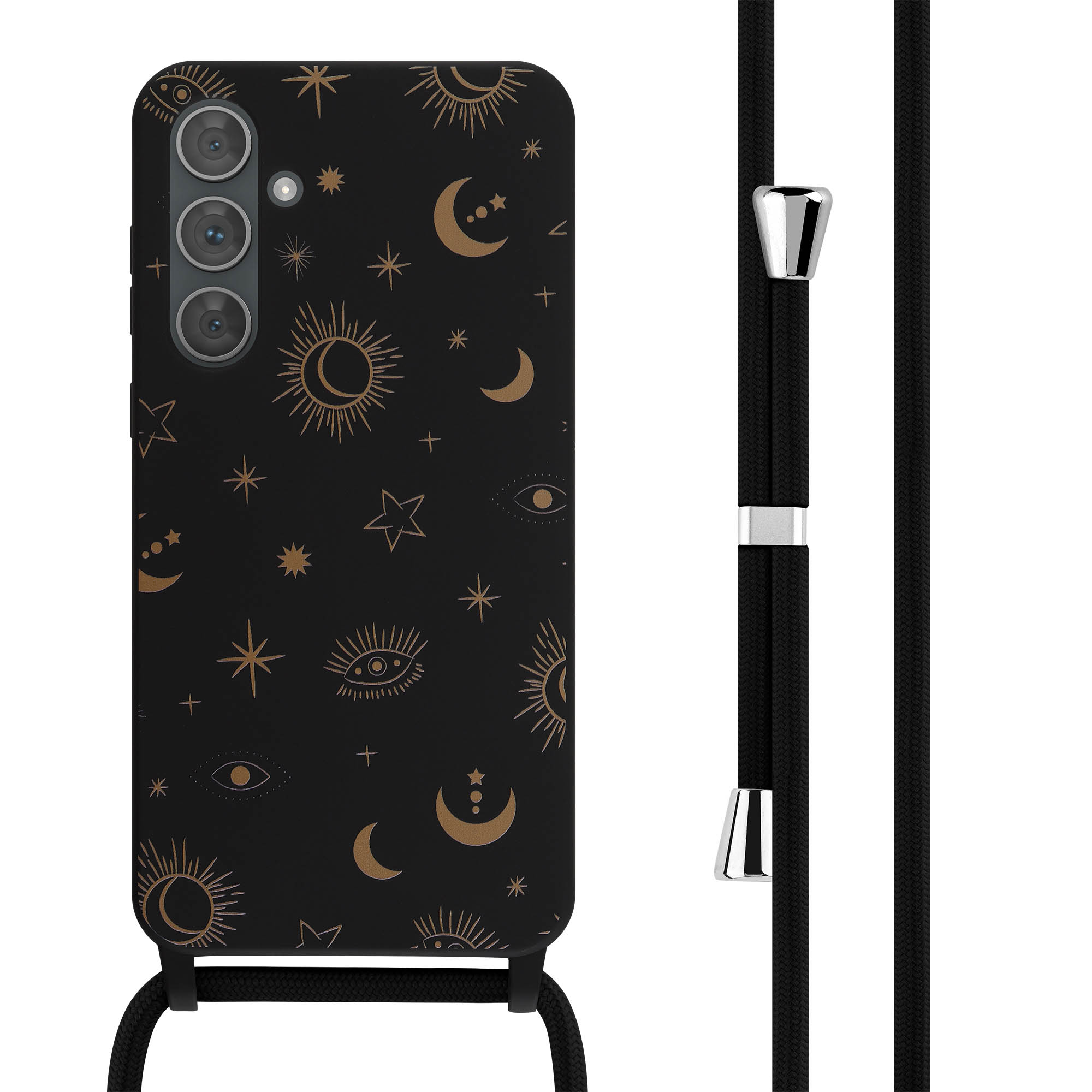Telefoonhoesje met een zwarte basis en hemels patroon. Een zwarte telefoonriem is bevestigd.