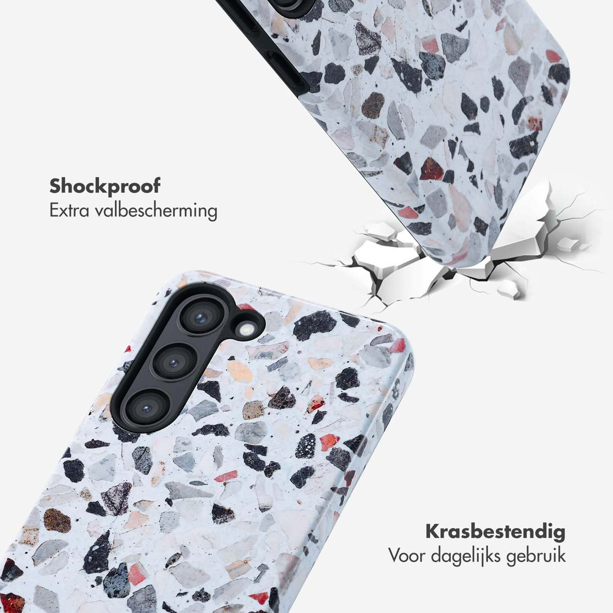 Coque de téléphone avec motif terrazzo. La coque tombe, des fissures se forment. Fond blanc et texte.