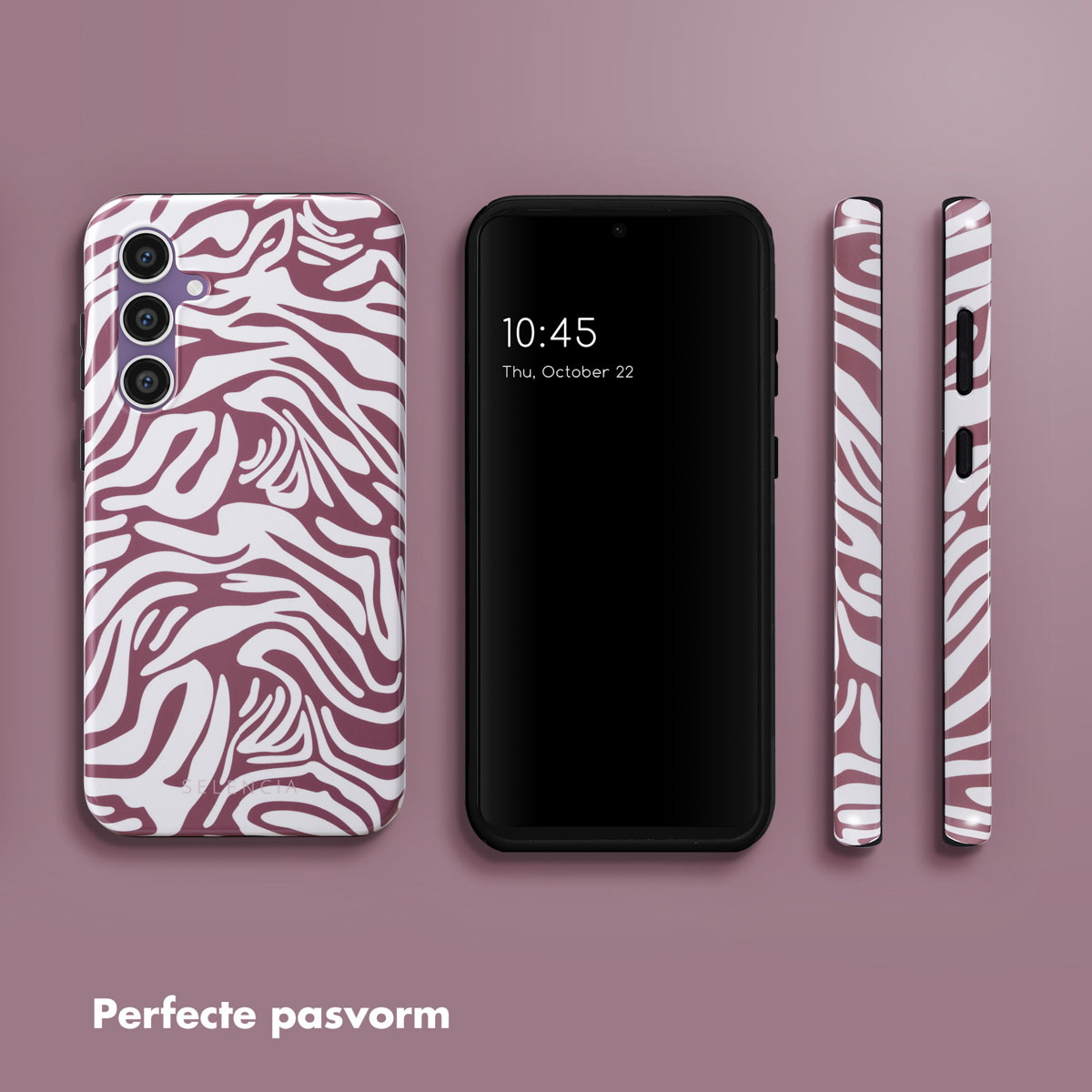 Téléphone avec coque à imprimé zèbre. Texte : Ajustement parfait.