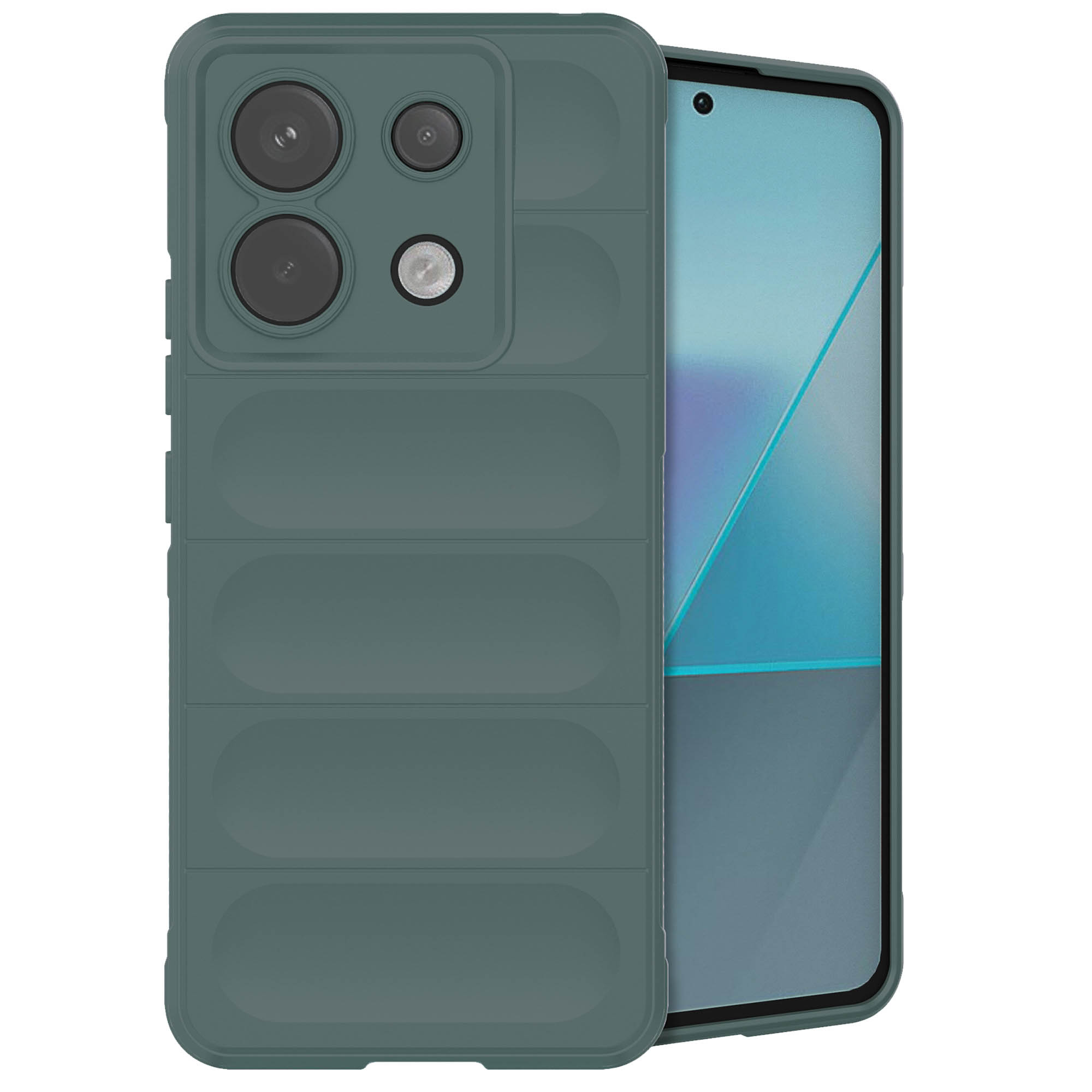 Groene telefoonhoes met een textuurontwerp. Een telefoon met een lichtblauw scherm is zichtbaar.