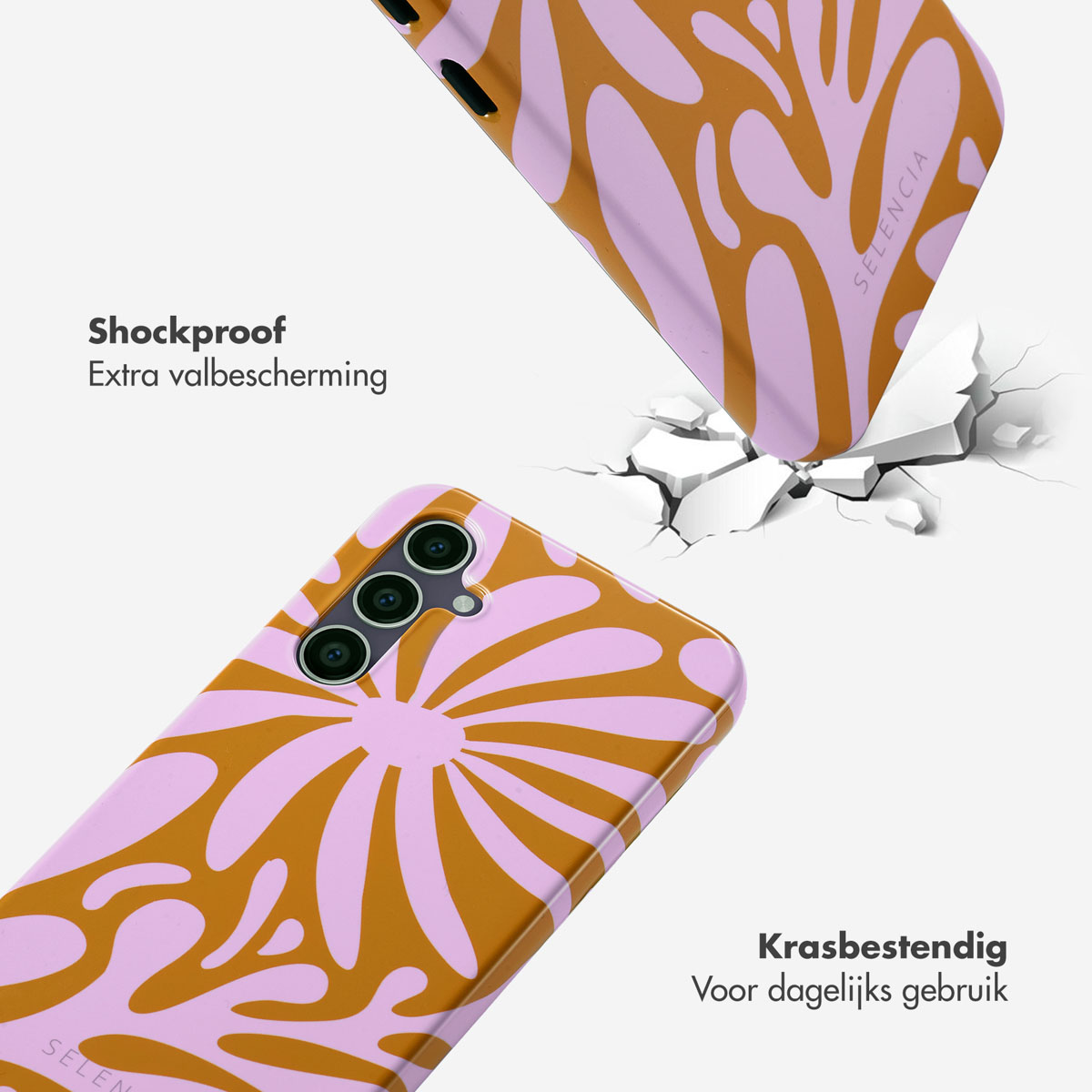 Telefoonhoesje met een bloemendesign. De telefoonhoes valt.