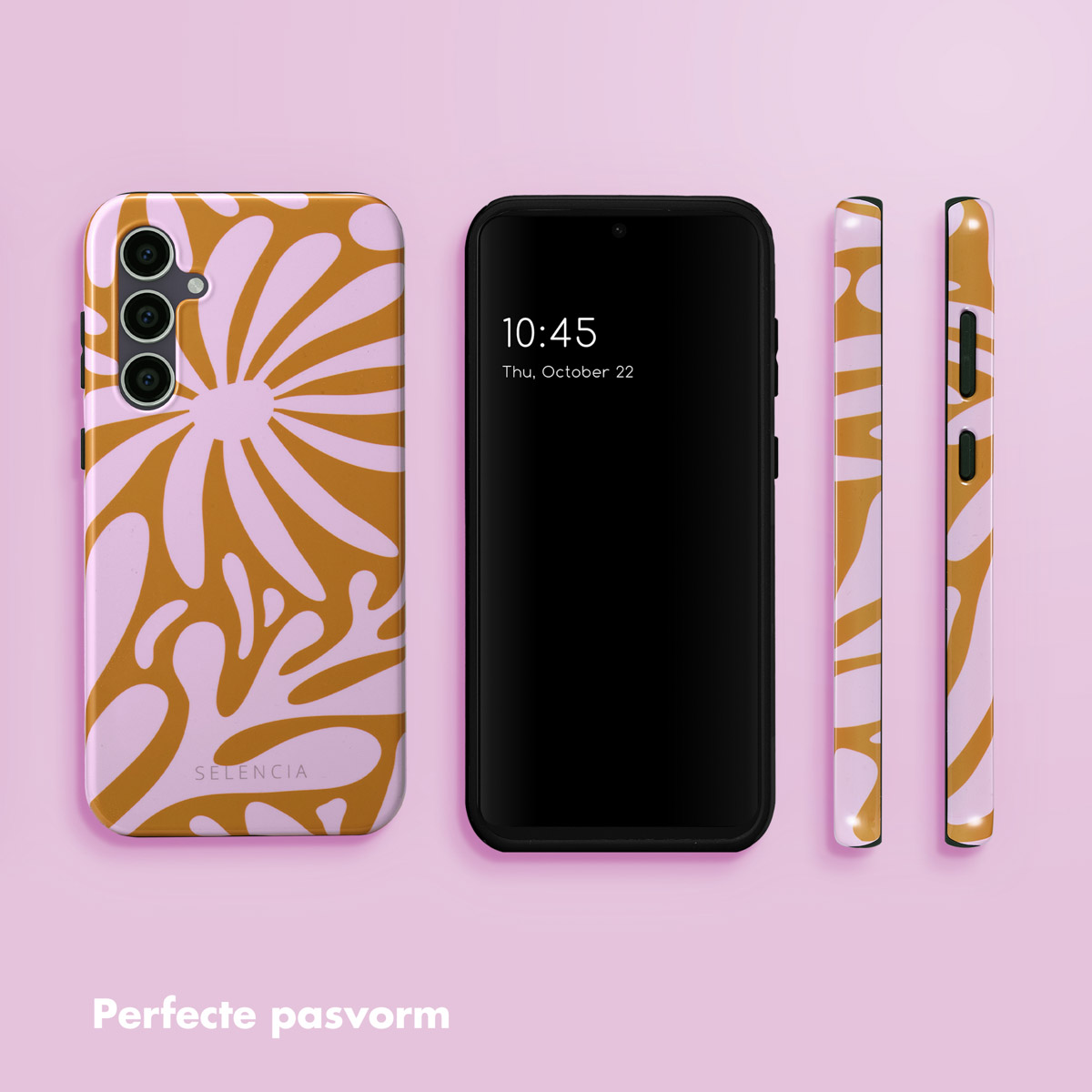 Telefoon met bloemenhoes, telefoonscherm met tijd. Twee extra hoesjes, één met bloemenmotief.