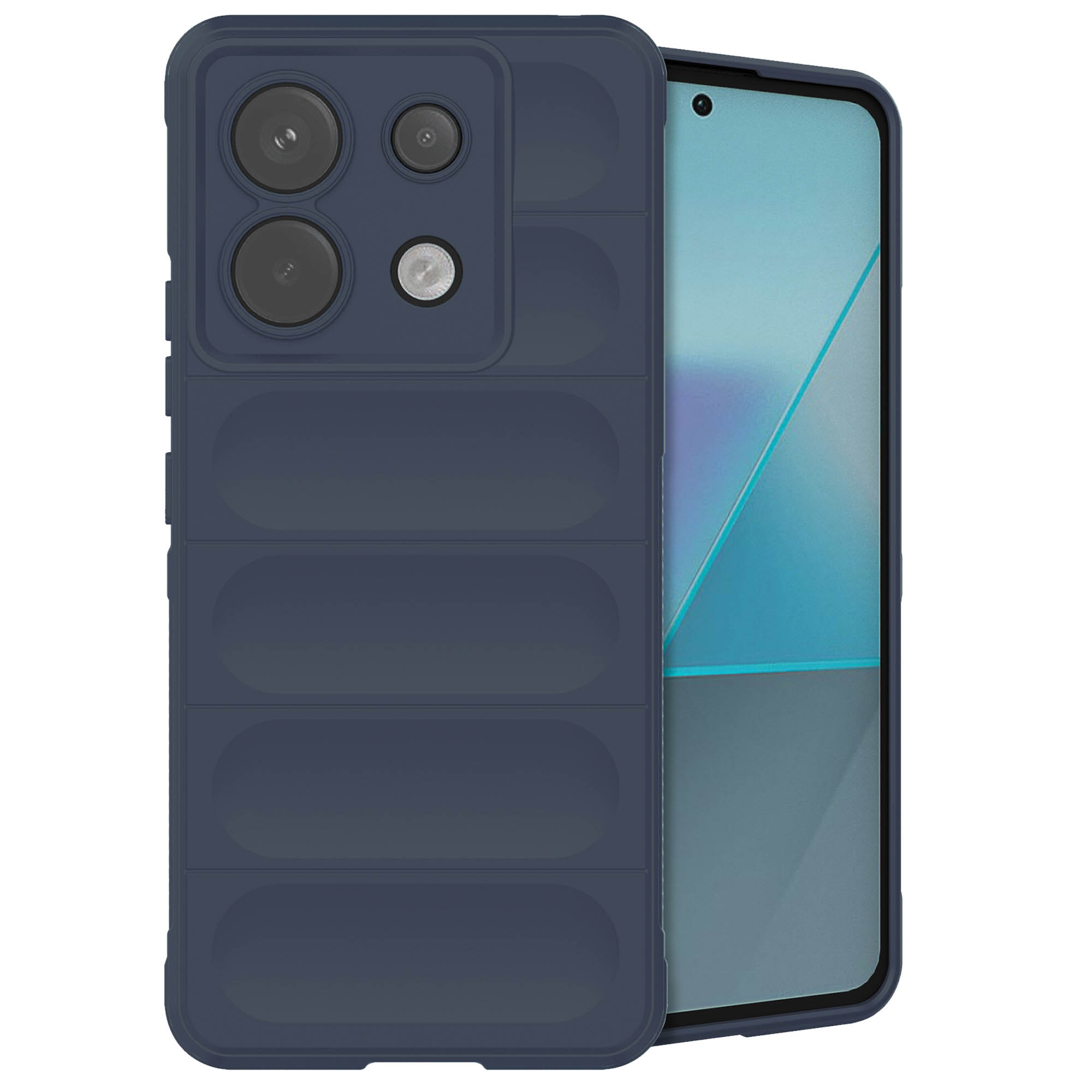 Blauw telefoonhoesje met een gewatteerd ontwerp, dat de camera bedekt. Telefoon met blauw scherm.