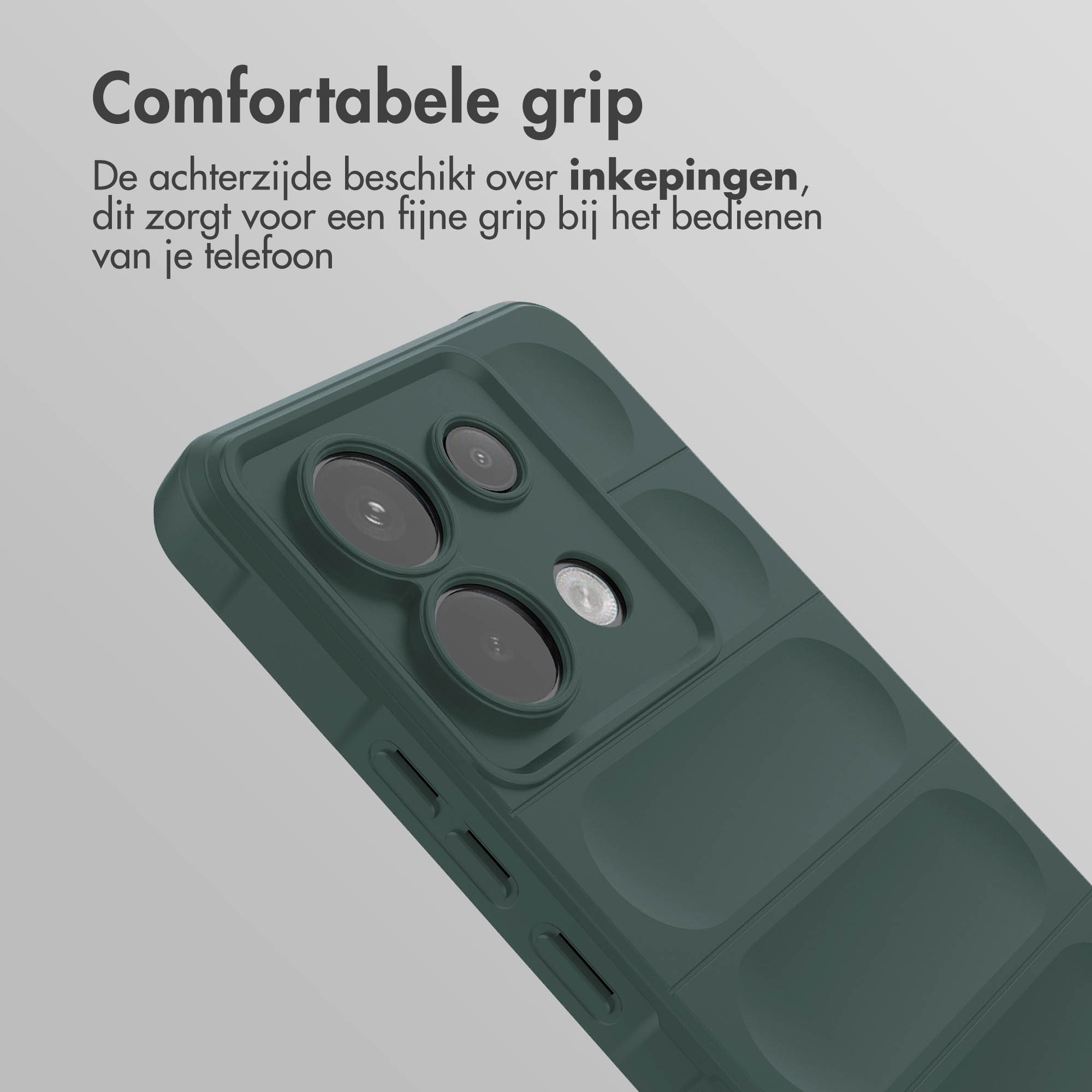 Donkergroen telefoonhoesje, close-up, met gestructureerde achterkant. Grijze achtergrond.