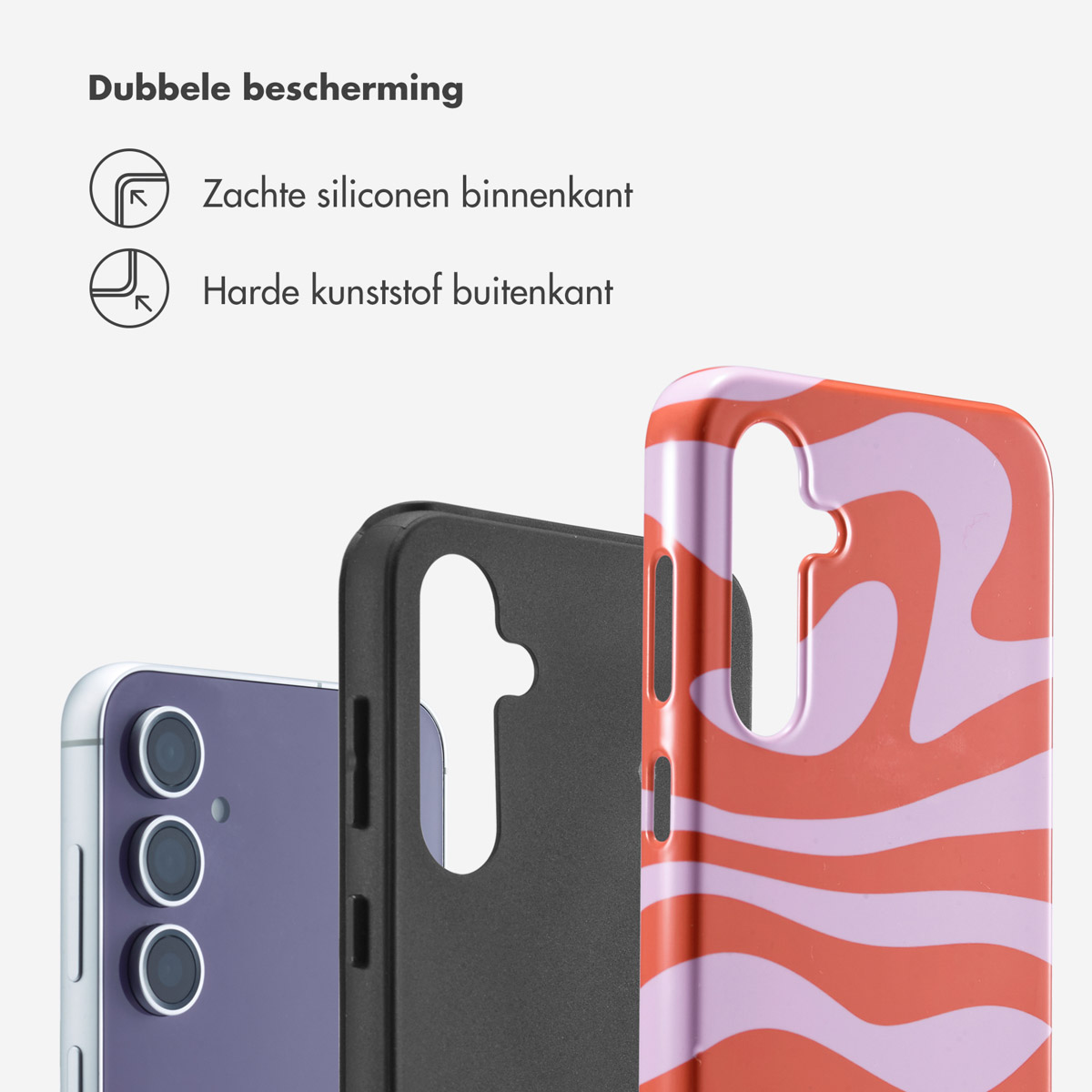 Tre custodie per telefono: viola, nera e fantasia rosso/viola.