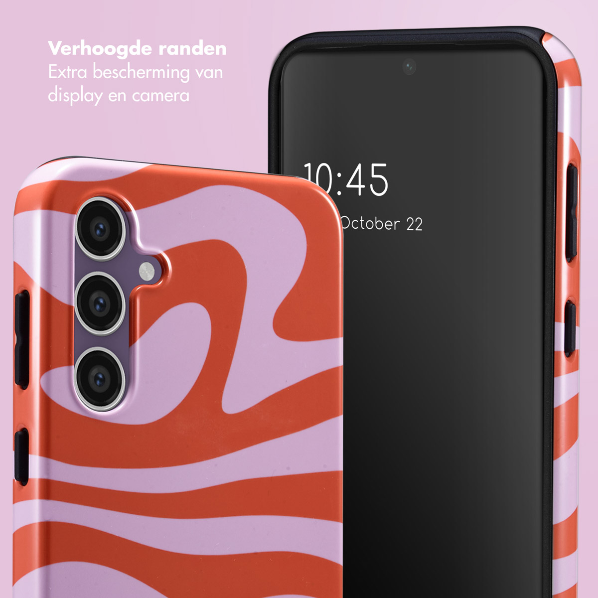 Un telefono con un accattivante motivo a onde rosse e viola chiaro.