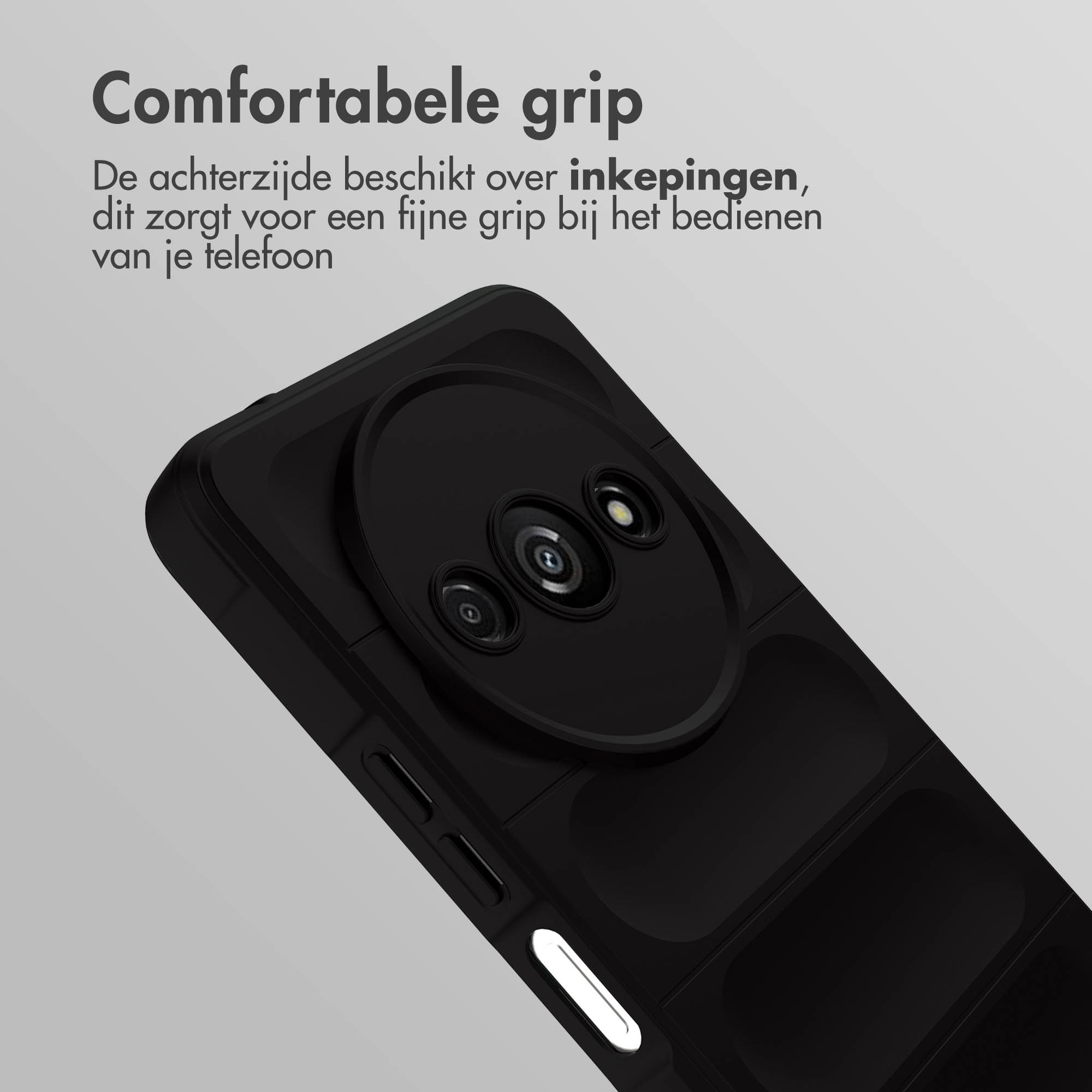Une coque de téléphone noire. Le texte en haut dit : Prise en main confortable. Le téléphone est à l'intérieur.