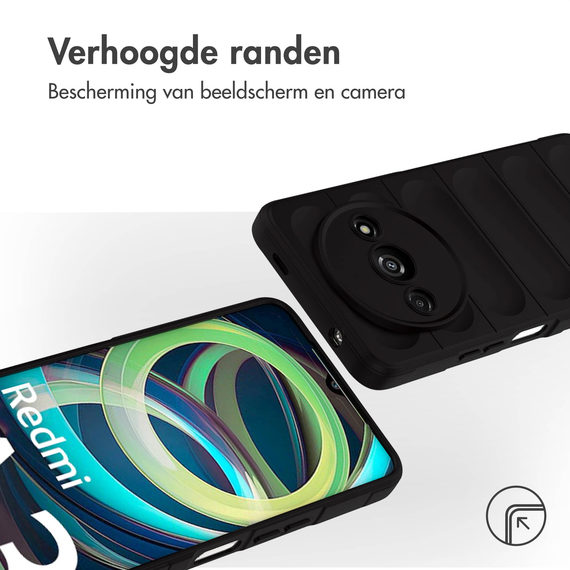 Coque de téléphone noire avec bords surélevés et logo Redmi rouge sur l'écran.