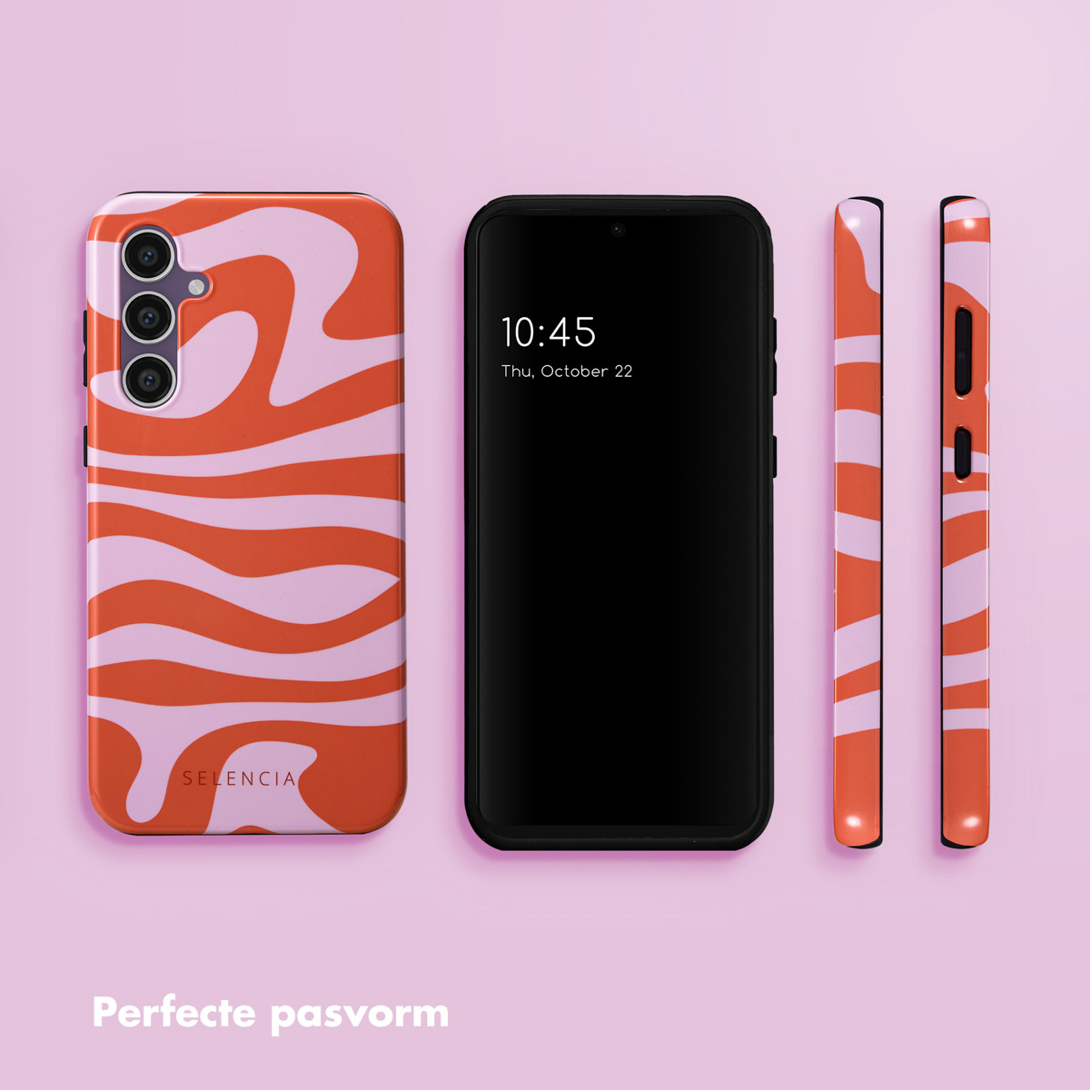 Smartphone con cover arancione e rosa su sfondo rosa.