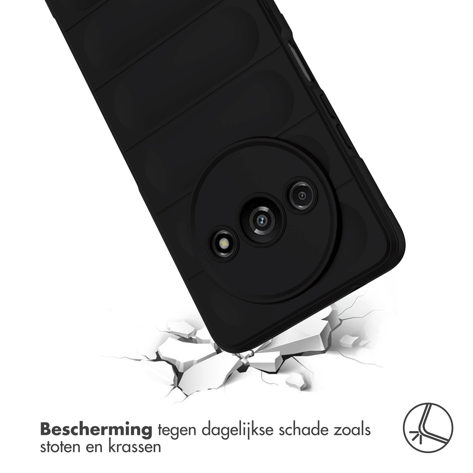 Coque de téléphone noire sur une surface fissurée. Texte : 'Protection contre les dommages quotidiens'.