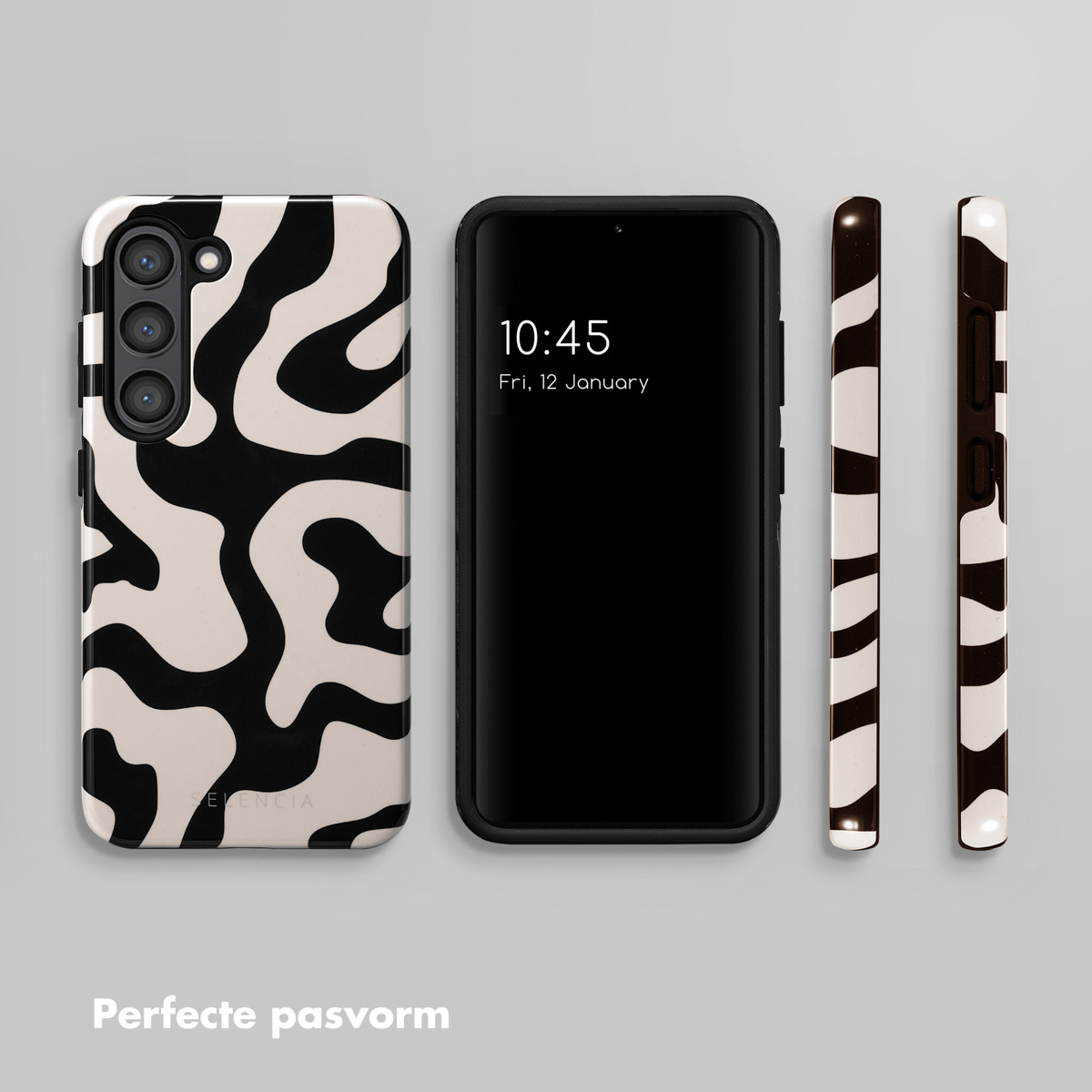 Un smartphone avec un motif ondulé noir et blanc et deux coques de téléphone à côté.