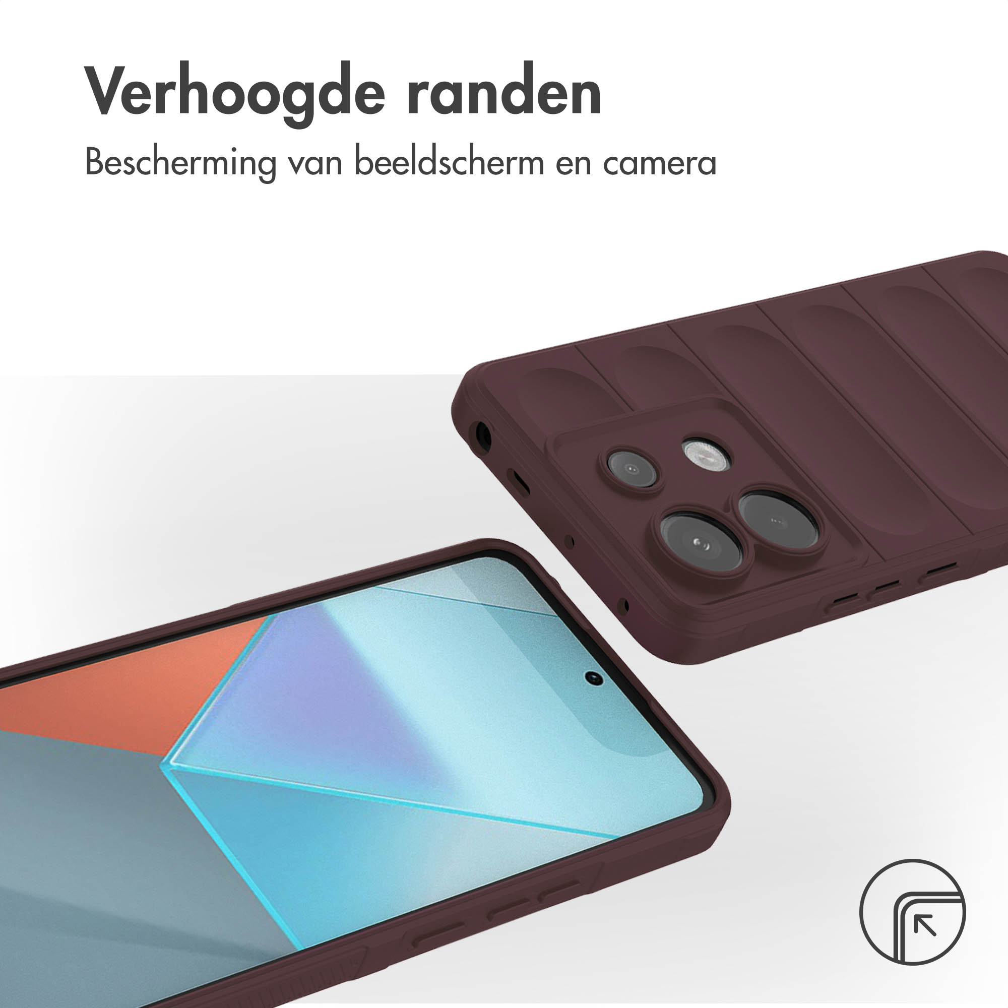Coque de téléphone bordeaux avec un design rembourré, couvrant la zone de la caméra. Téléphone avec écran bleu.
