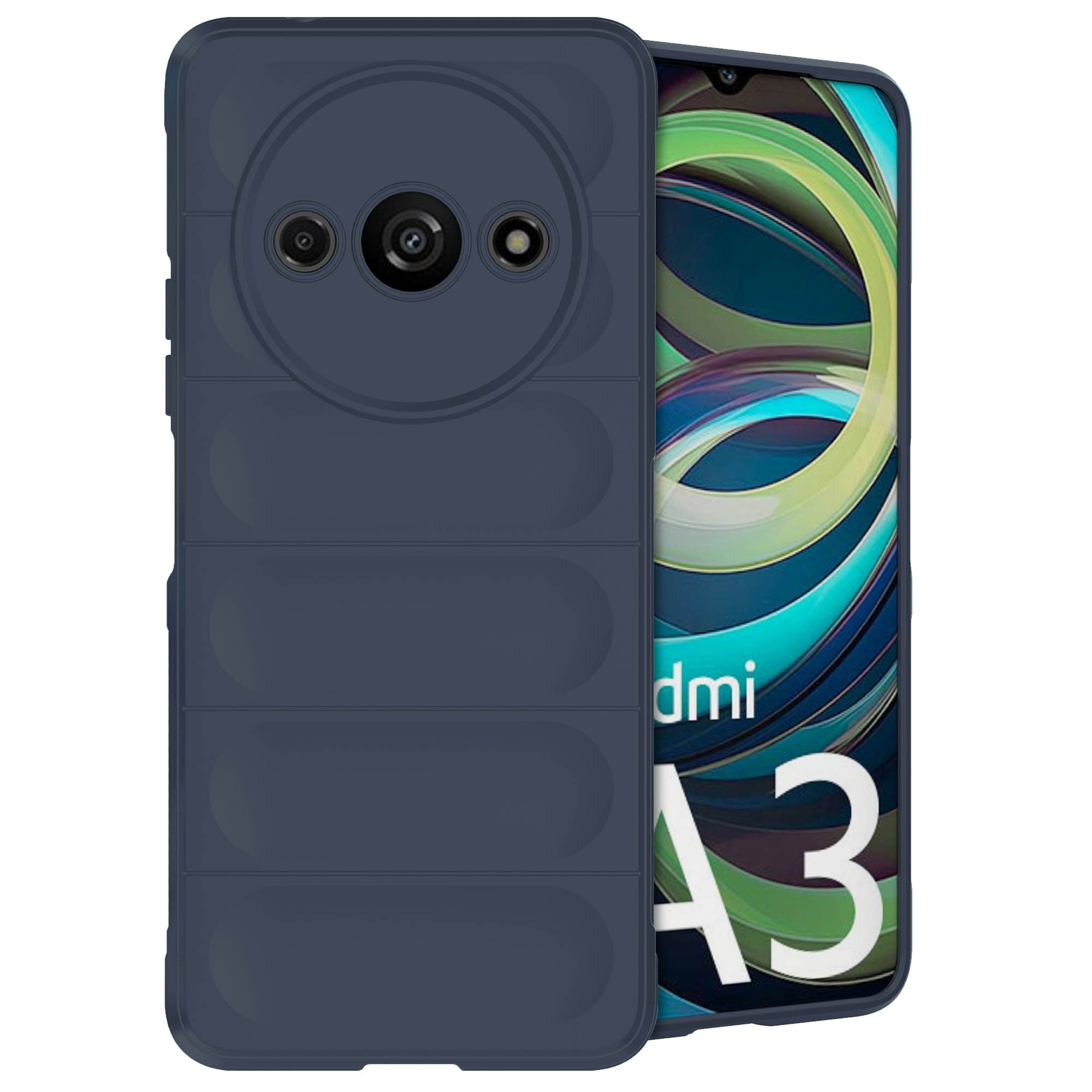 Marineblauwe telefoonhoes met telefoon die het scherm toont. Witte achtergrond.