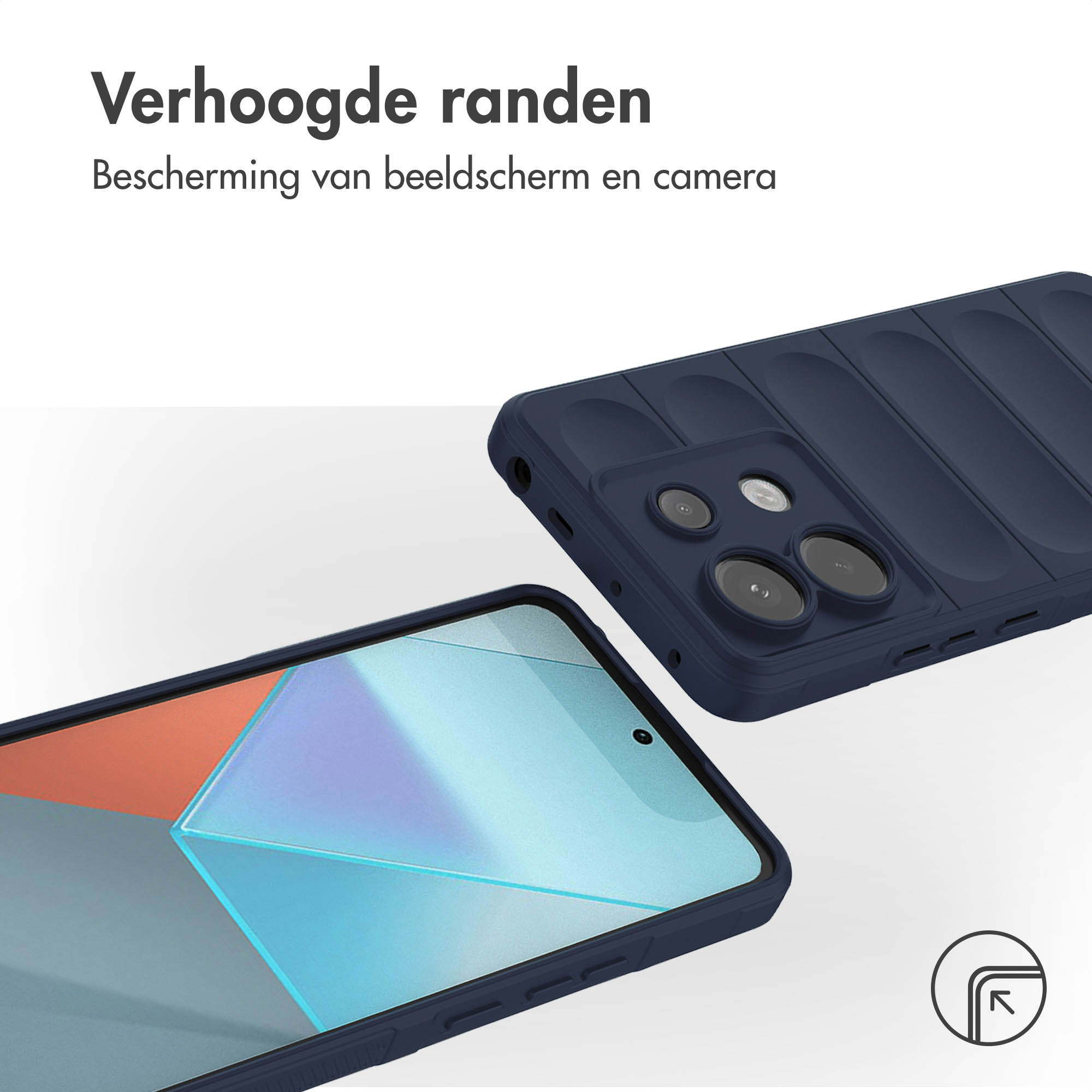 Donkerblauwe telefoonhoesje met telefoon. Tekst: Verhoogde randen.