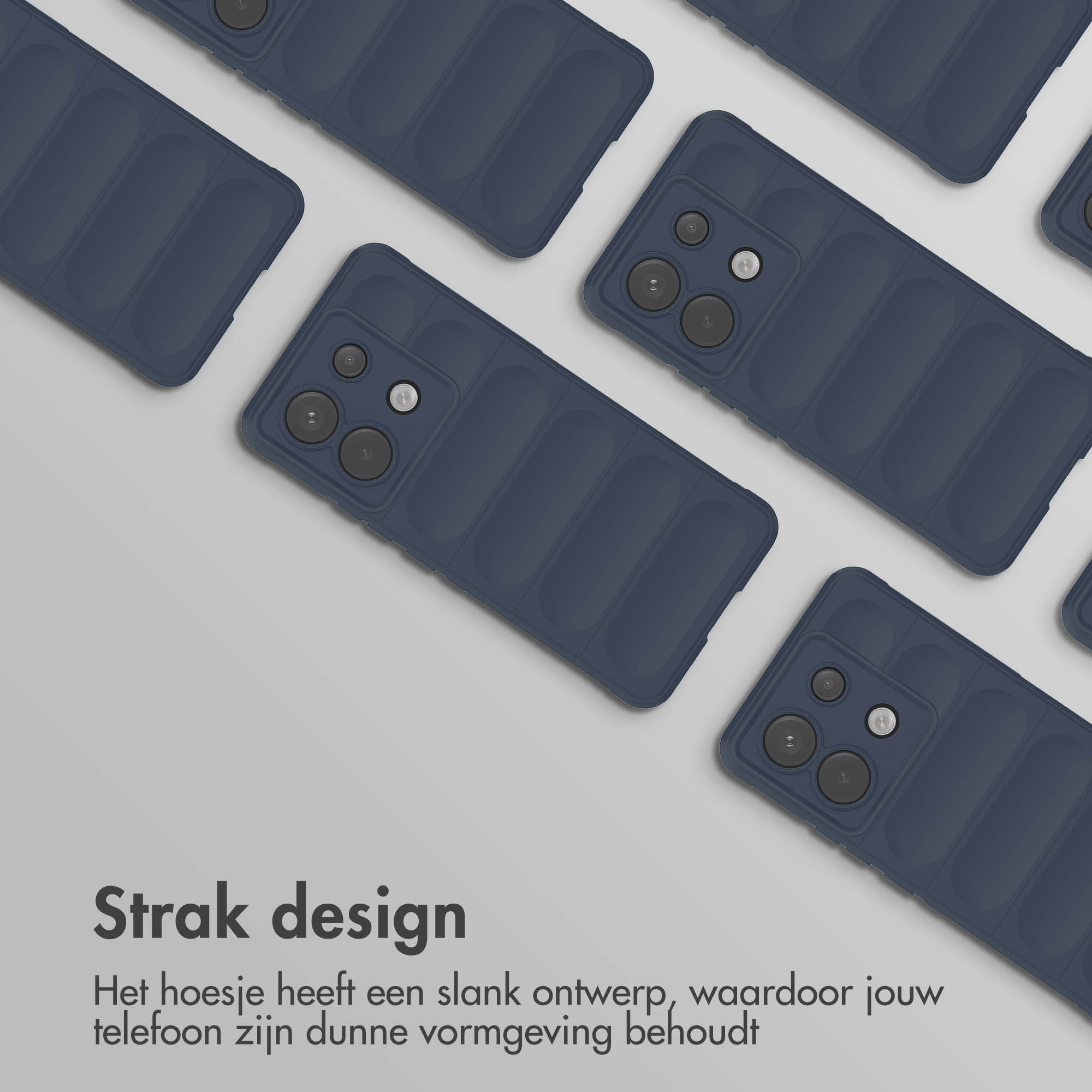 Meerdere donkerblauwe telefoonhoesjes worden getoond, gerangschikt in een raster tegen een witte achtergrond.