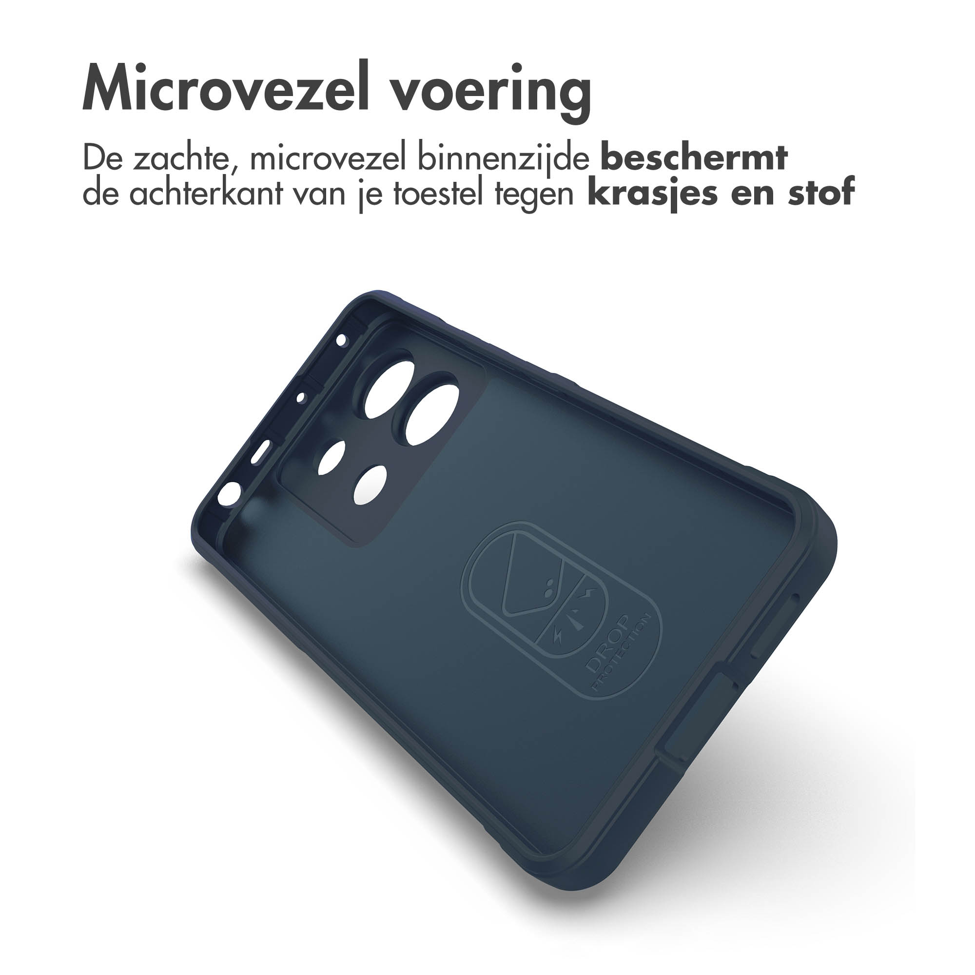 Donkerblauwe telefoonhoes binnenkant, de binnenkant tonend. Witte achtergrond.