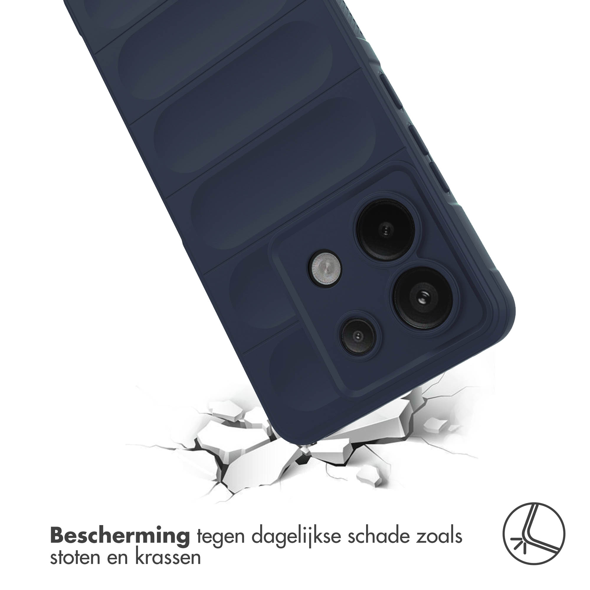 Telefoonhoesje dat valt. Hoesje is donkerblauw. Telefoon ligt op de grond, witte scheuren.