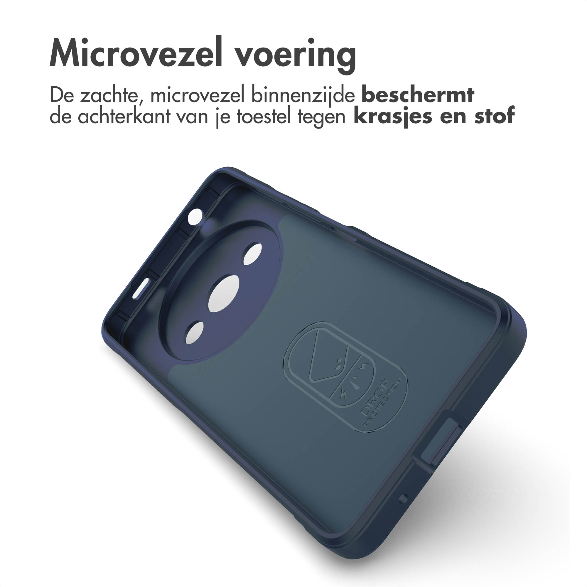 Binnenkant van een telefoonhoesje, met een blauwe binnenlaag en een logo.