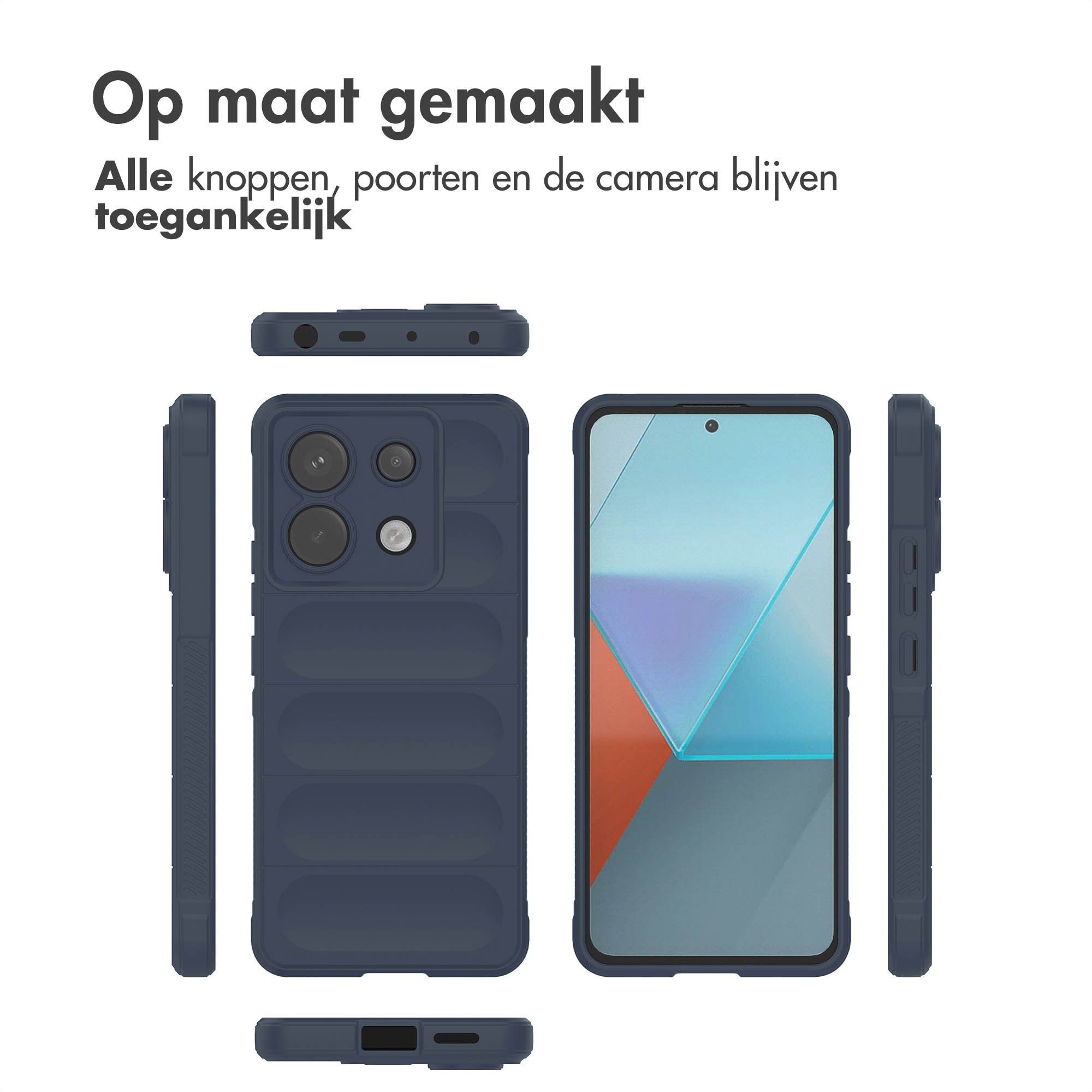 Marineblauw telefoonhoesje met een uniek design. Extra weergaven tonen de zijkanten.
