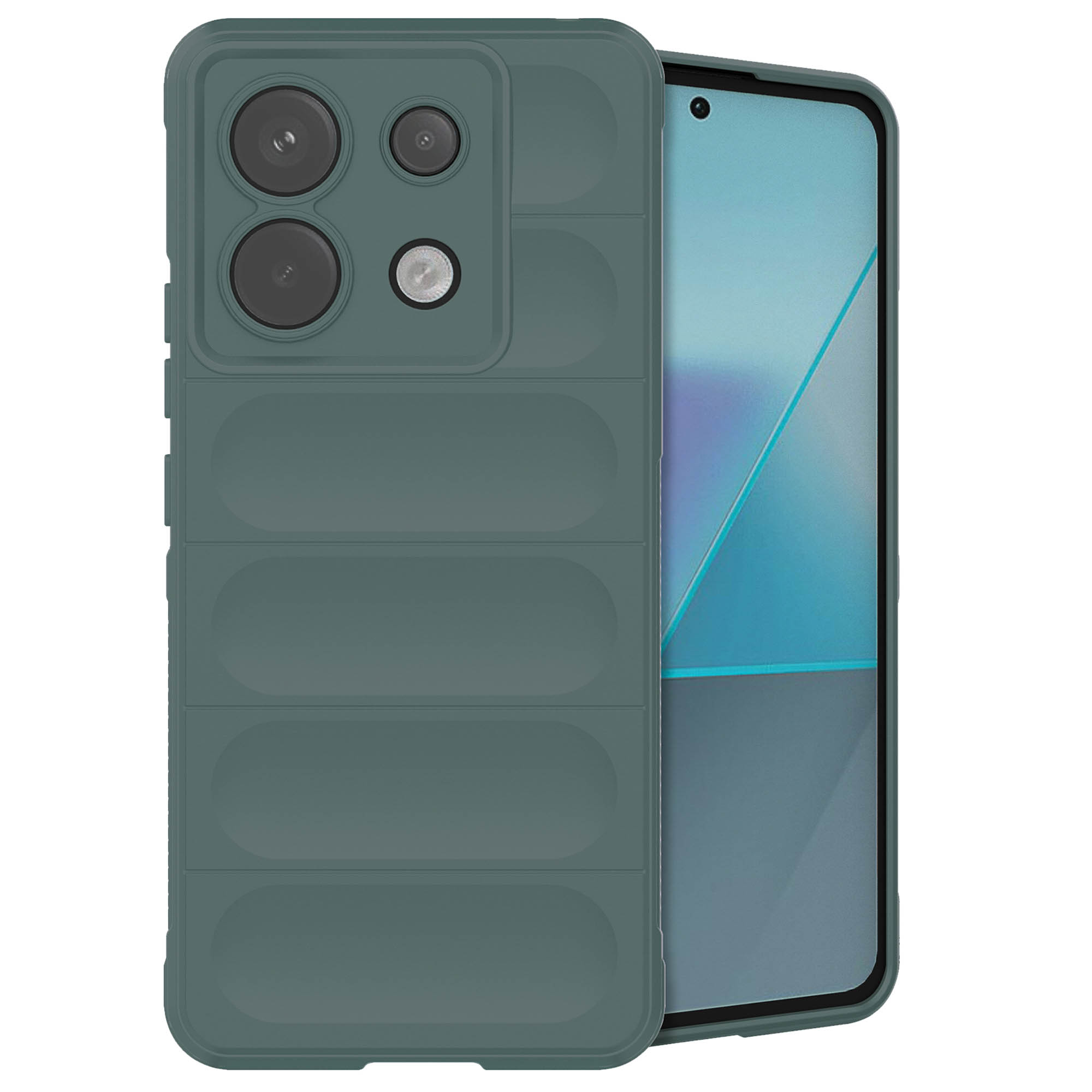 Groene telefoonhoes met meerdere cameralenzen en een telefoonscherm.