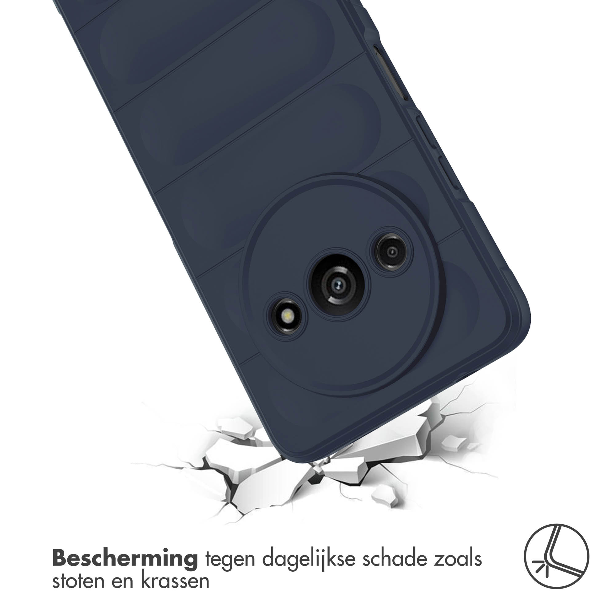 Marineblauw telefoonhoesje breekt, toont schade. Tekst vermeldt bescherming tegen schade.