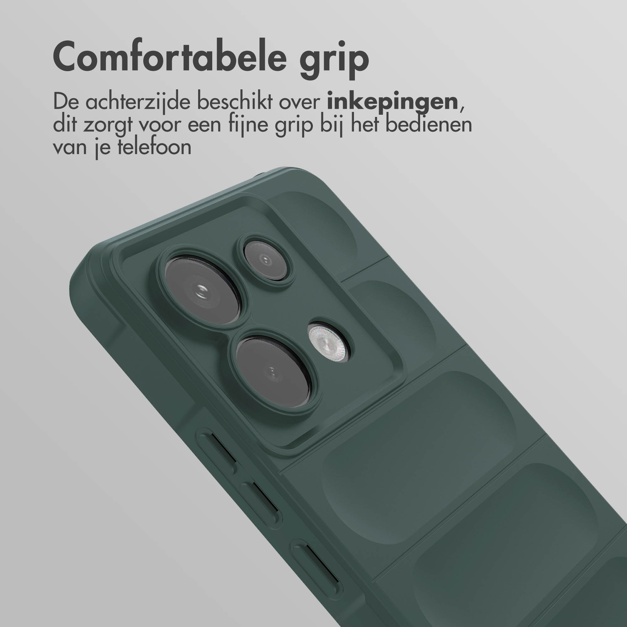 Close-up van een groene telefoonhoes. Het heeft inkepingen en een donkergroene achtergrond.