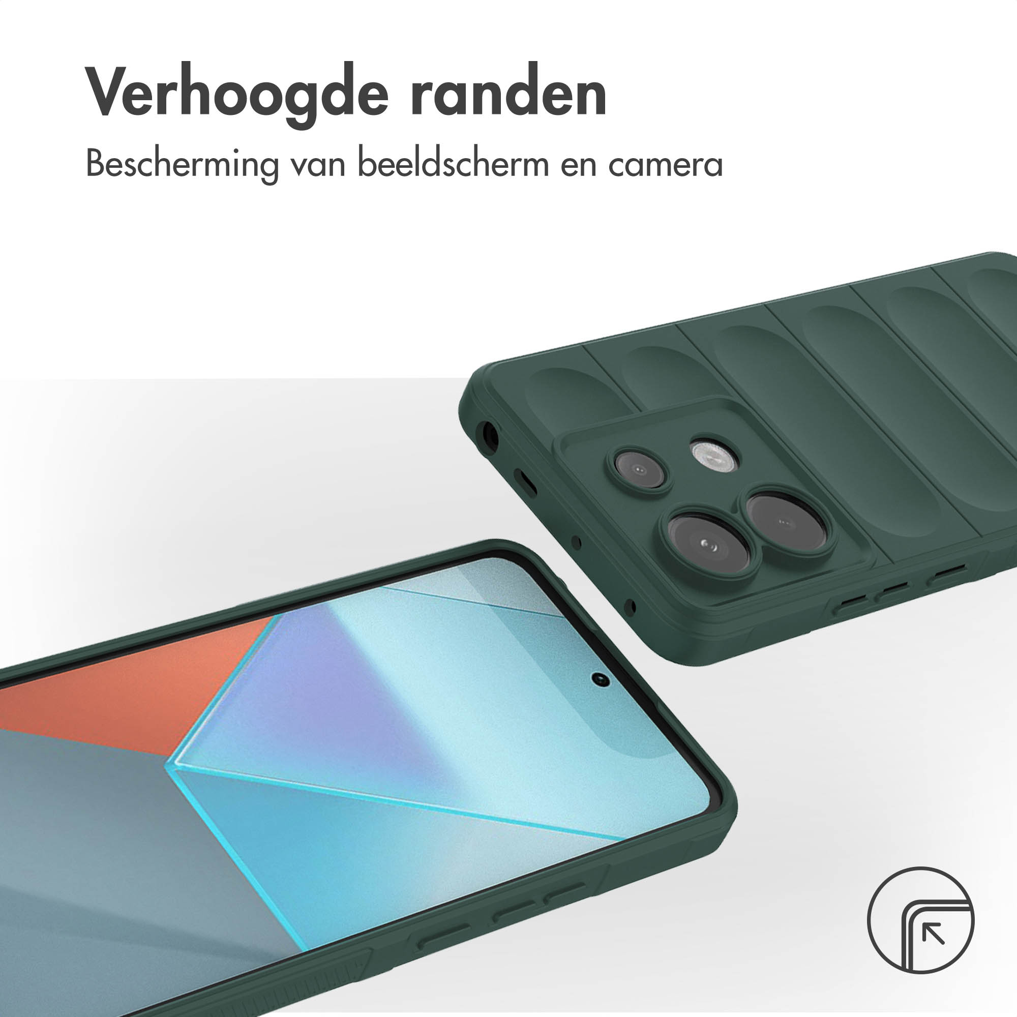Groen telefoonhoesje met een gewatteerd ontwerp, dat de camera bedekt. Telefoon met blauw scherm.