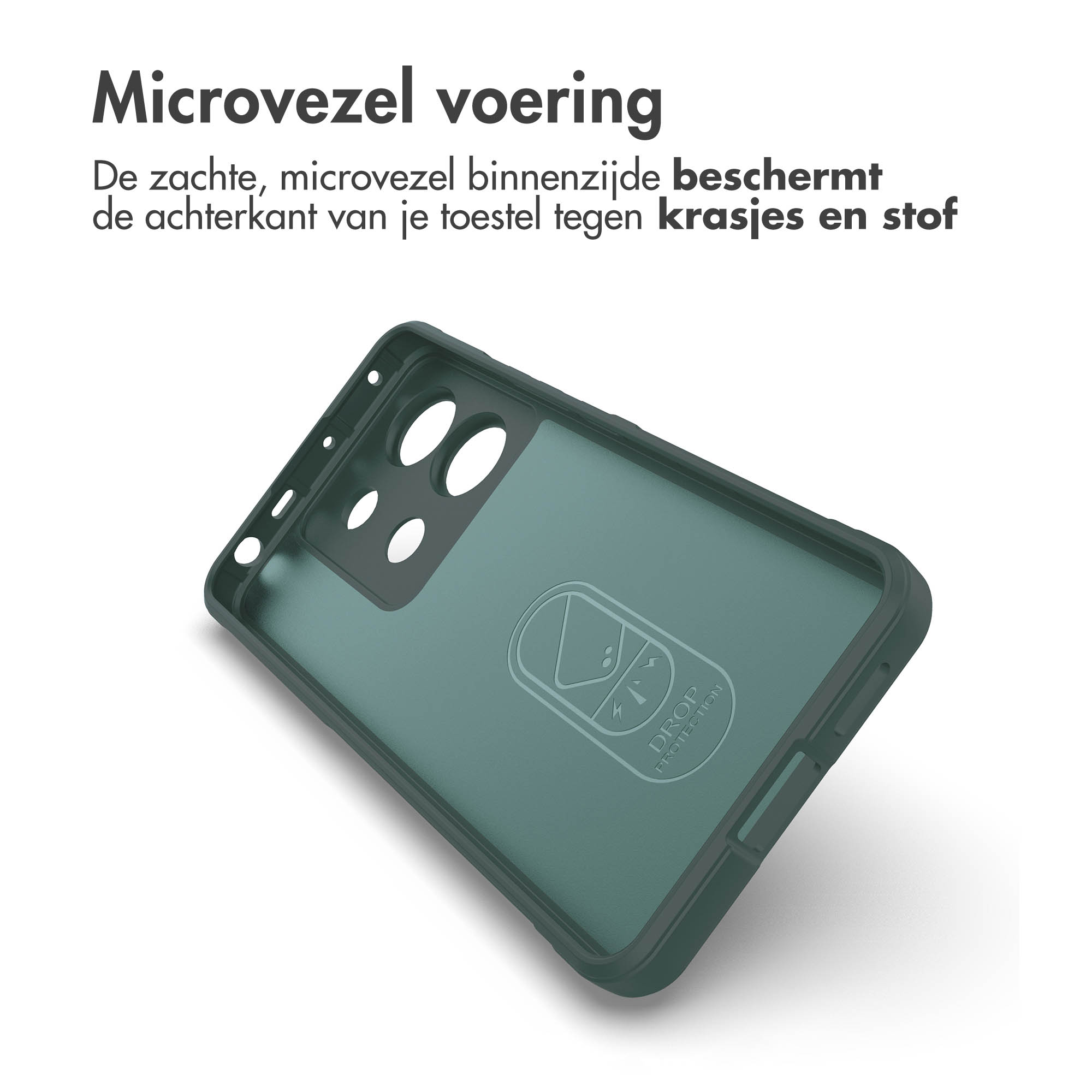 Telefoonhoesje. De binnenkant is groen en de buitenkant is donkerbruin. De achtergrond is wit.