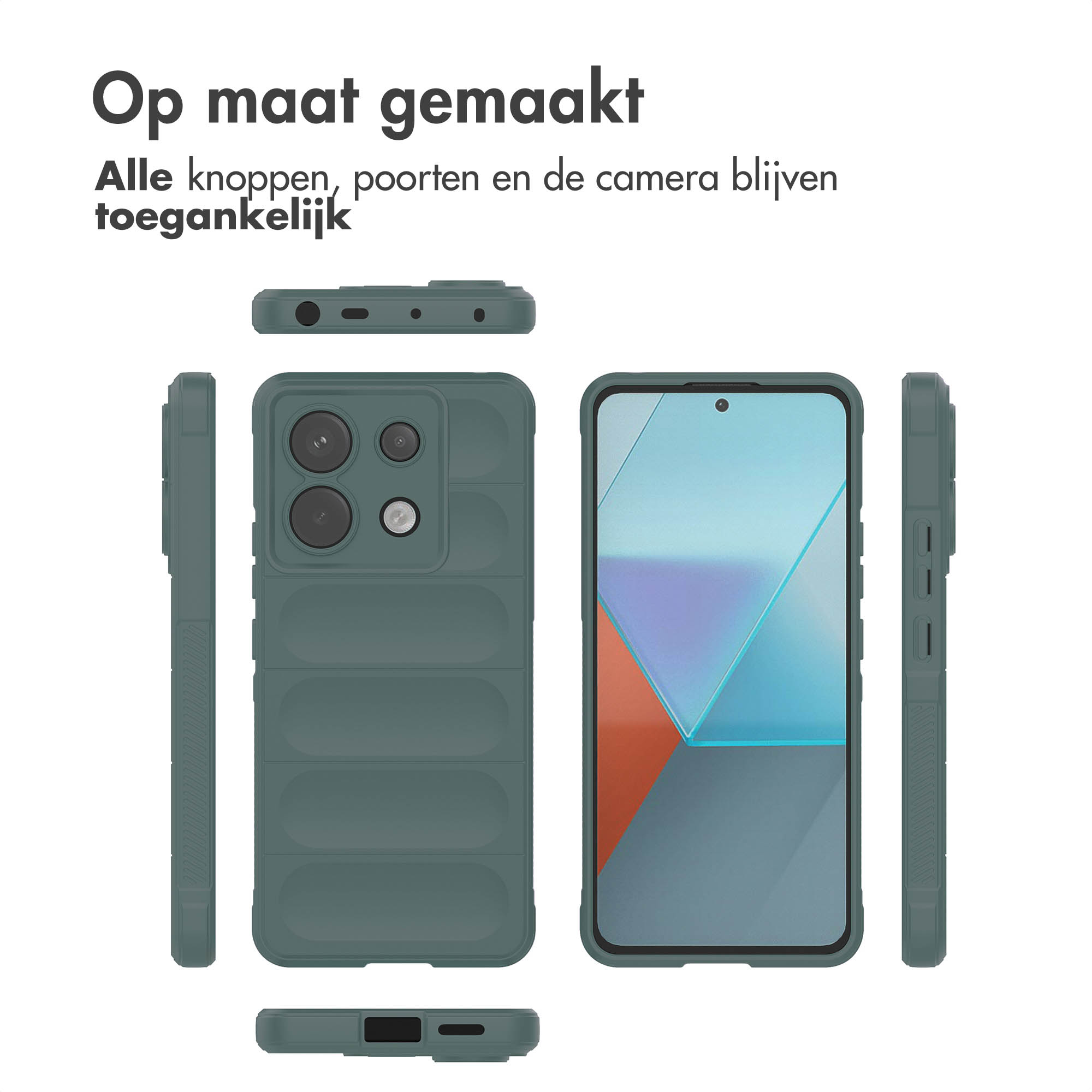 Meerdere weergaven van een groene telefoonhoes. De hoes is gestructureerd en ontworpen voor toegang.