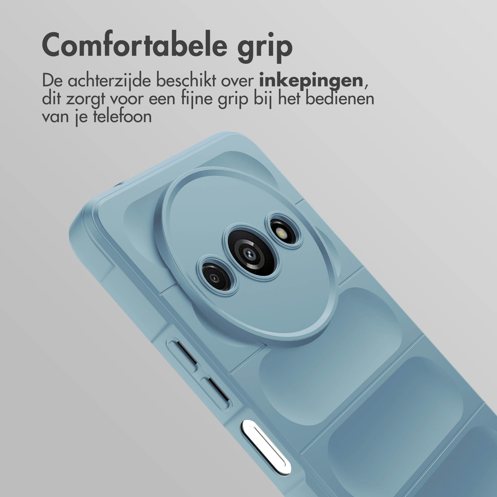 Coque de téléphone bleu clair avec zone de caméra circulaire. La coque a un design texturé.