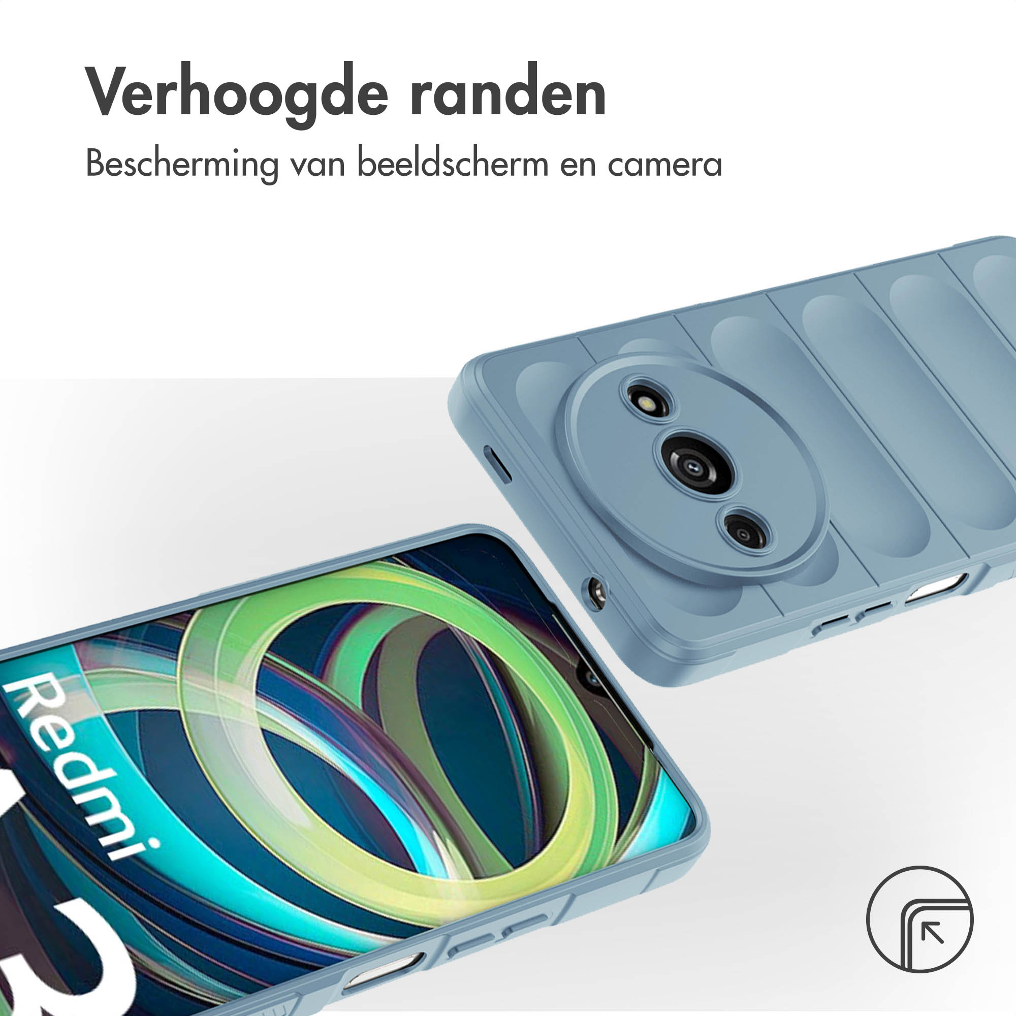 Coque bleue placée autour d'un téléphone. Texte mentionne la protection de l'écran et de la caméra.