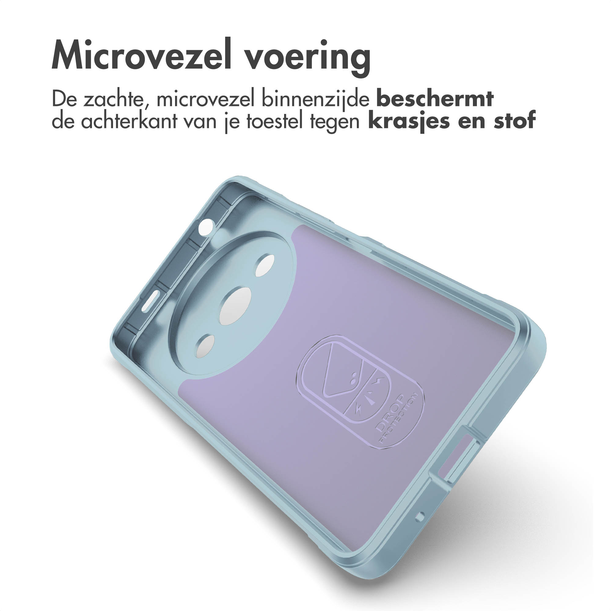 Intérieur de coque de téléphone, bleu clair et violet, avec logo.