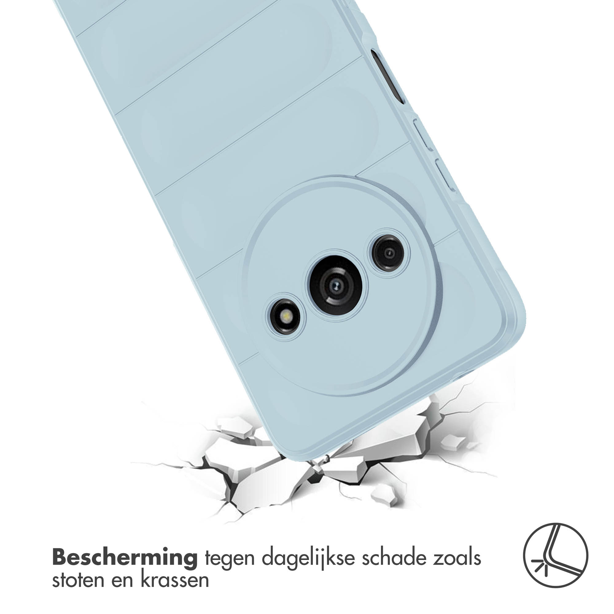 Coque de téléphone bleue avec un design cannelé. La coque est posée sur une surface qui se brise.