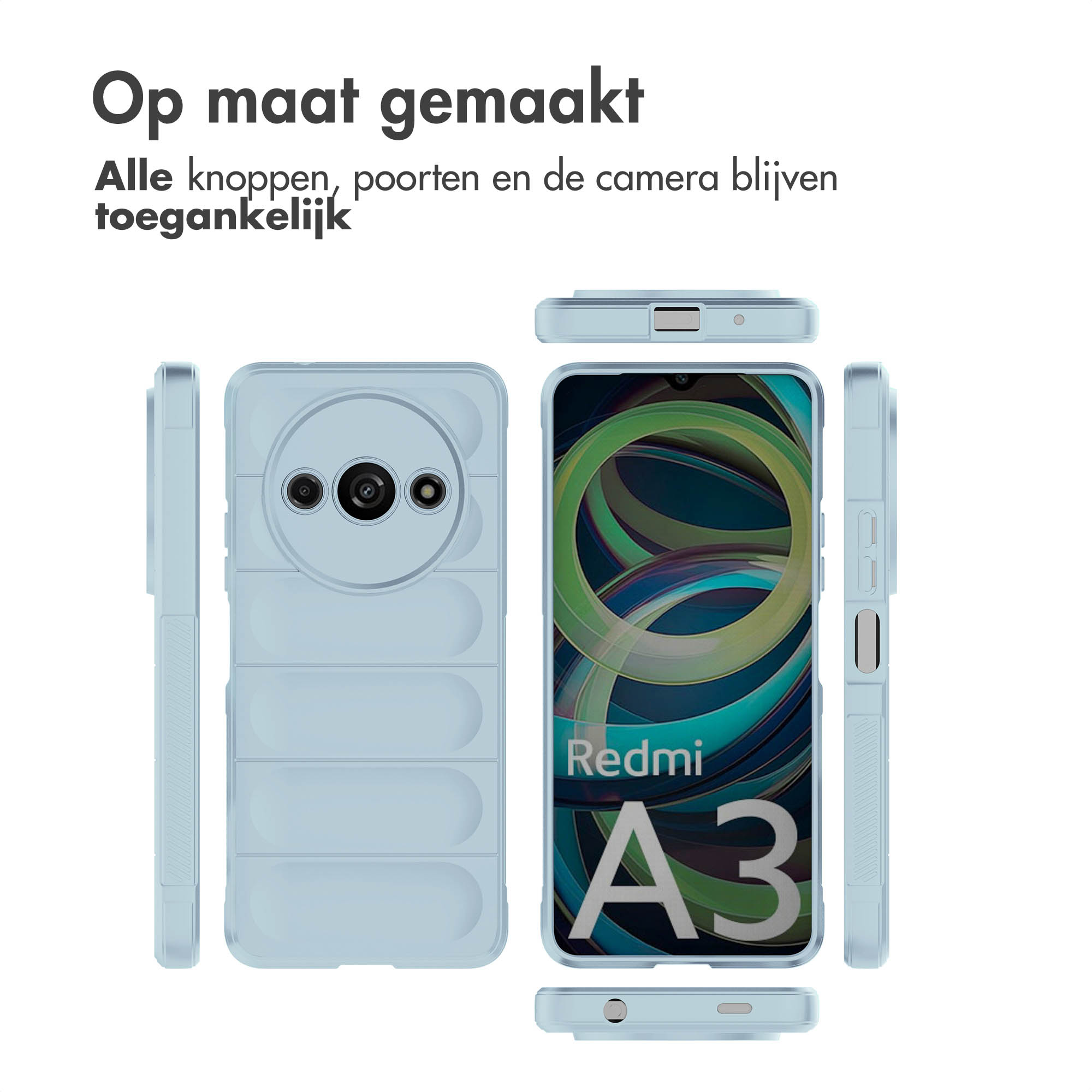 Téléphone et étuis en bleu. Le téléphone affiche Redmi A3. Les étuis ont des designs différents.