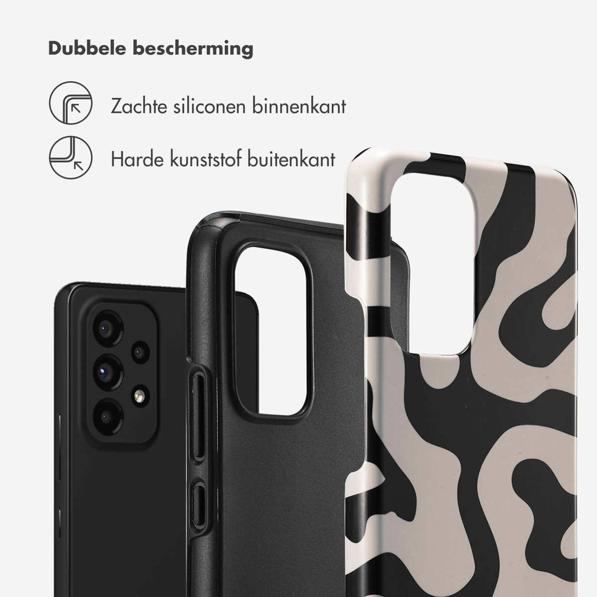 Coques de téléphone : intérieur silicone souple, extérieur plastique dur. Téléphone noir, coque à motifs.