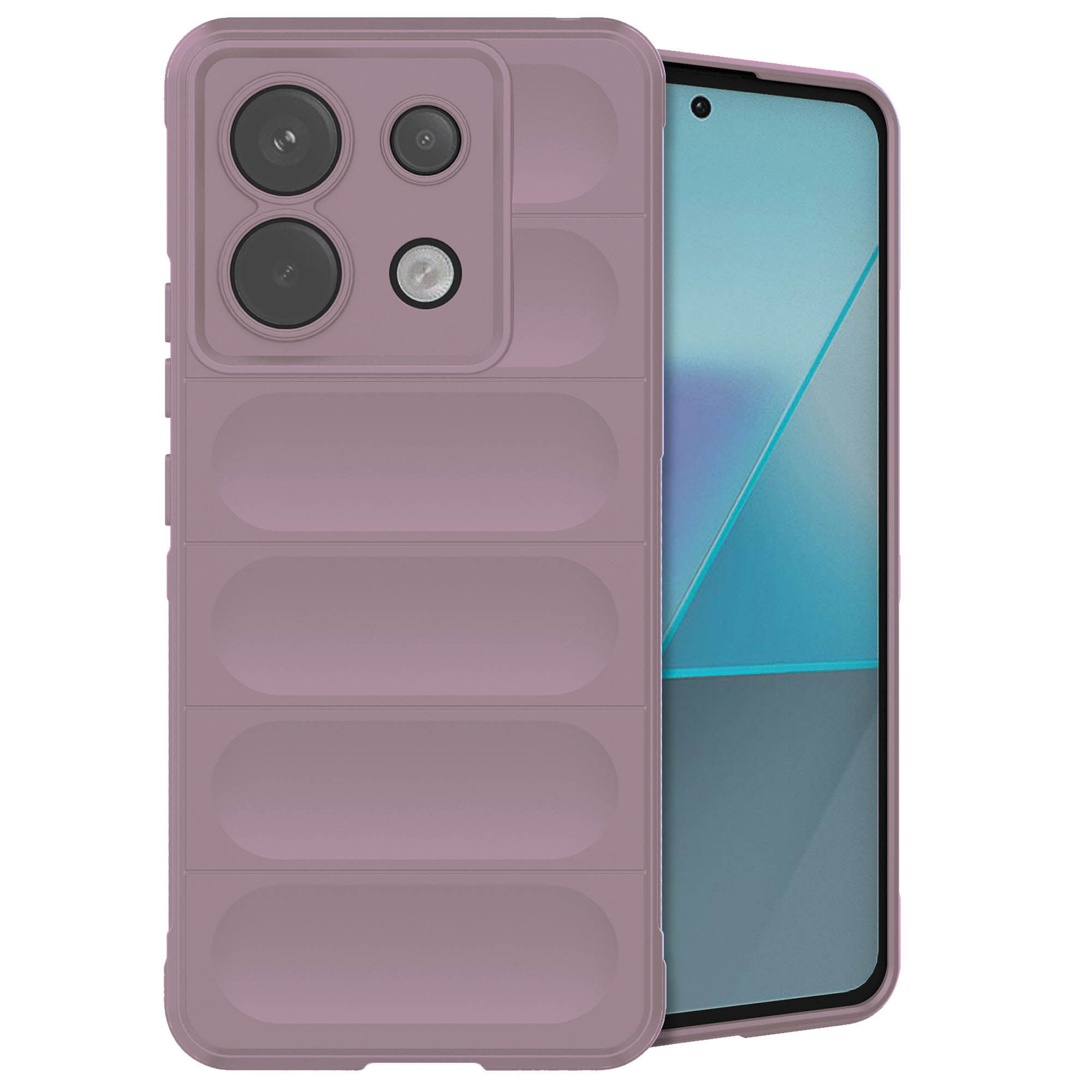 Telefoonhoesje met een paars ontwerp. De telefoon staat rechtop. De achtergrond is wit.