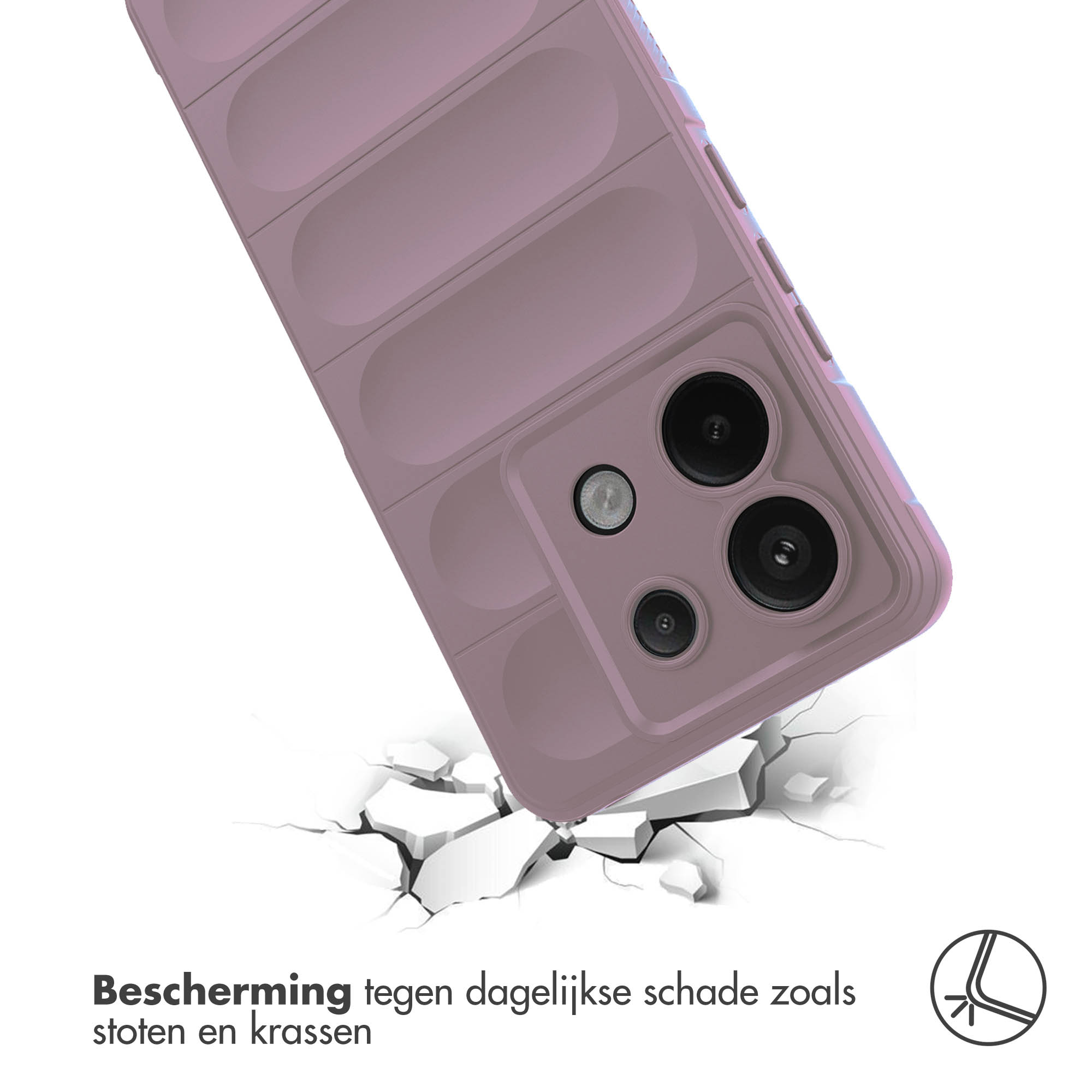 Telefoonhoesje valt, oppervlak breekt. Het telefoonhoesje is roze en heeft een gewatteerd ontwerp.