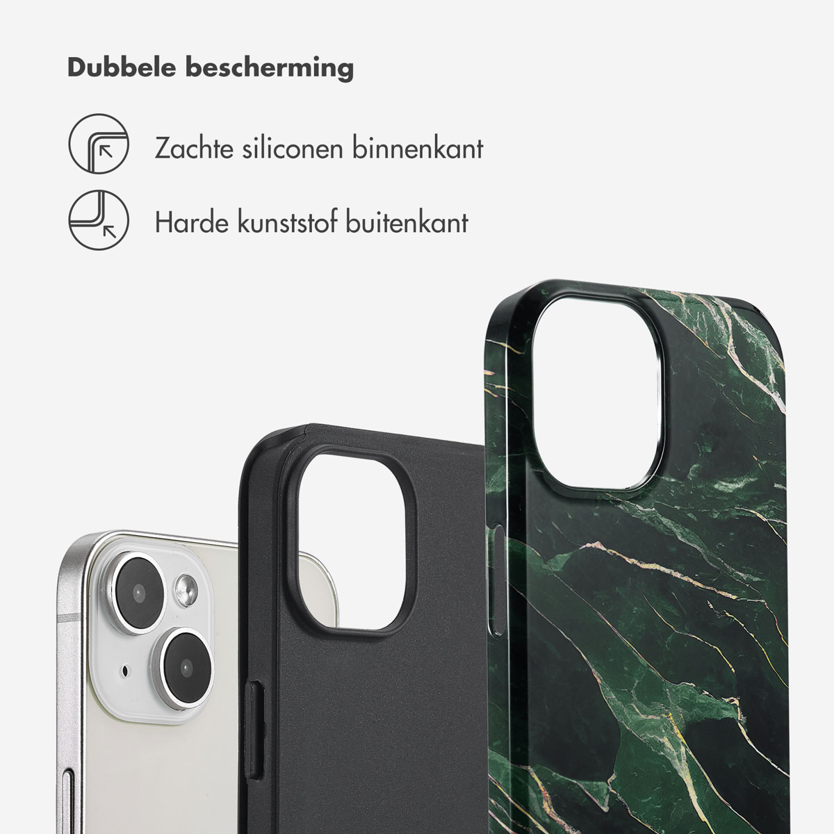 Twee telefoons, één met een groen marmeren hoesje.