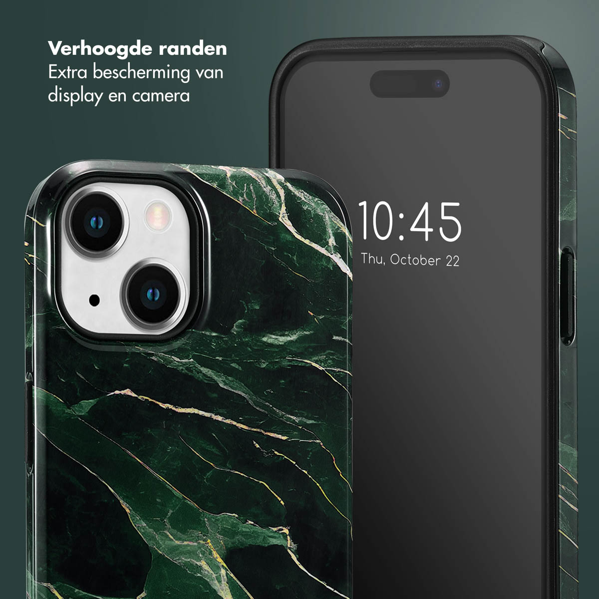 Telefoonhoesje met groen marmer design. De telefoon toont de tijd: 10:45, 22 oktober. Groene achtergrond.