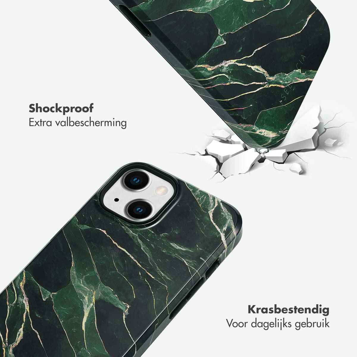 Telefoonhoesje met groen marmerpatroon. Telefoonhoes valt, scheuren ontstaan. Witte achtergrond en tekst.