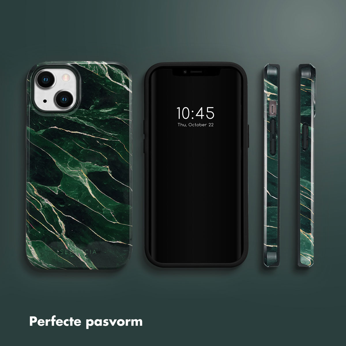 Telefoon met groen marmer ontwerp hoesje. Twee zijaanzichten van het hoesje. Zwart scherm toont tijd.
