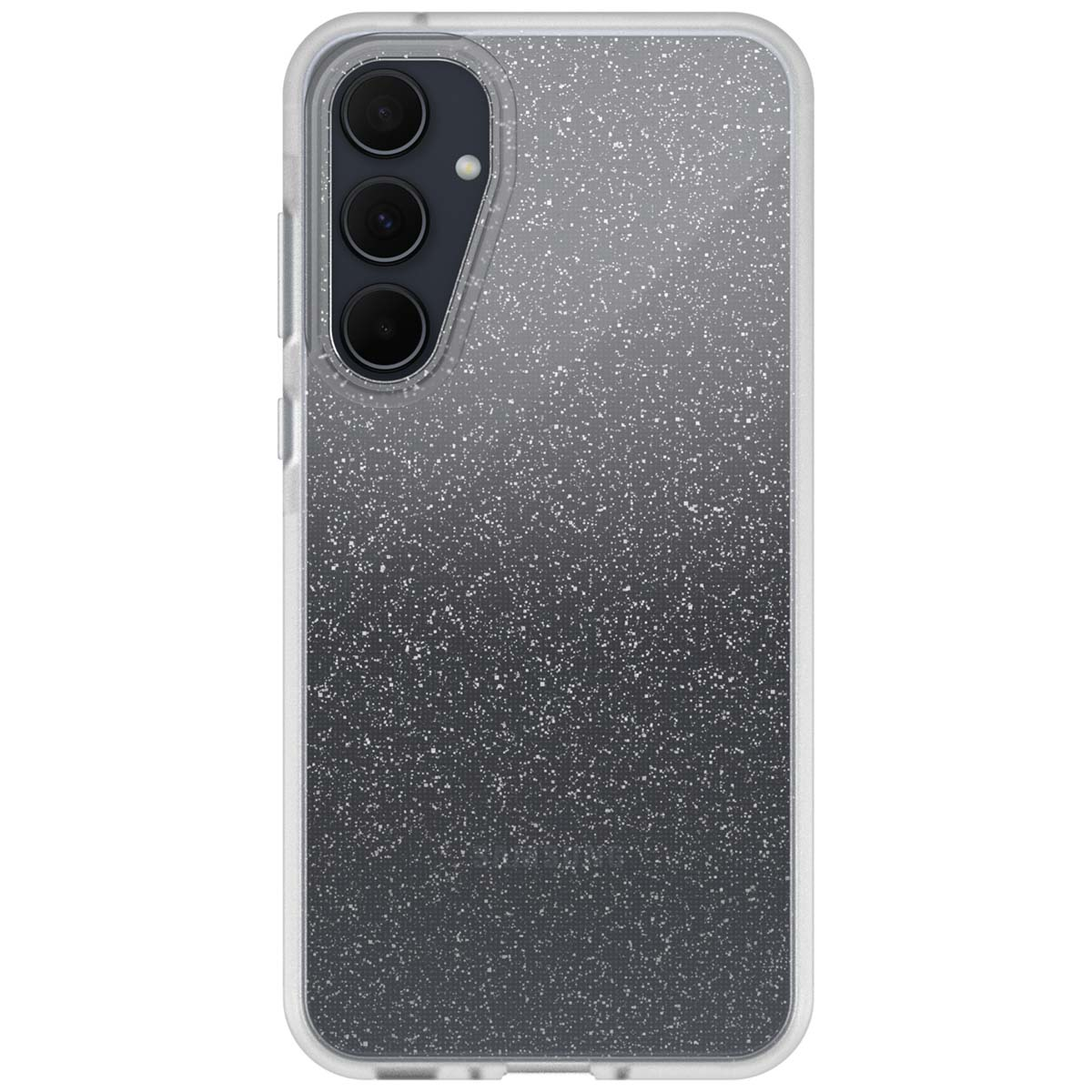 Telefoonhoesje met zwart-zilveren glitterverloop design.