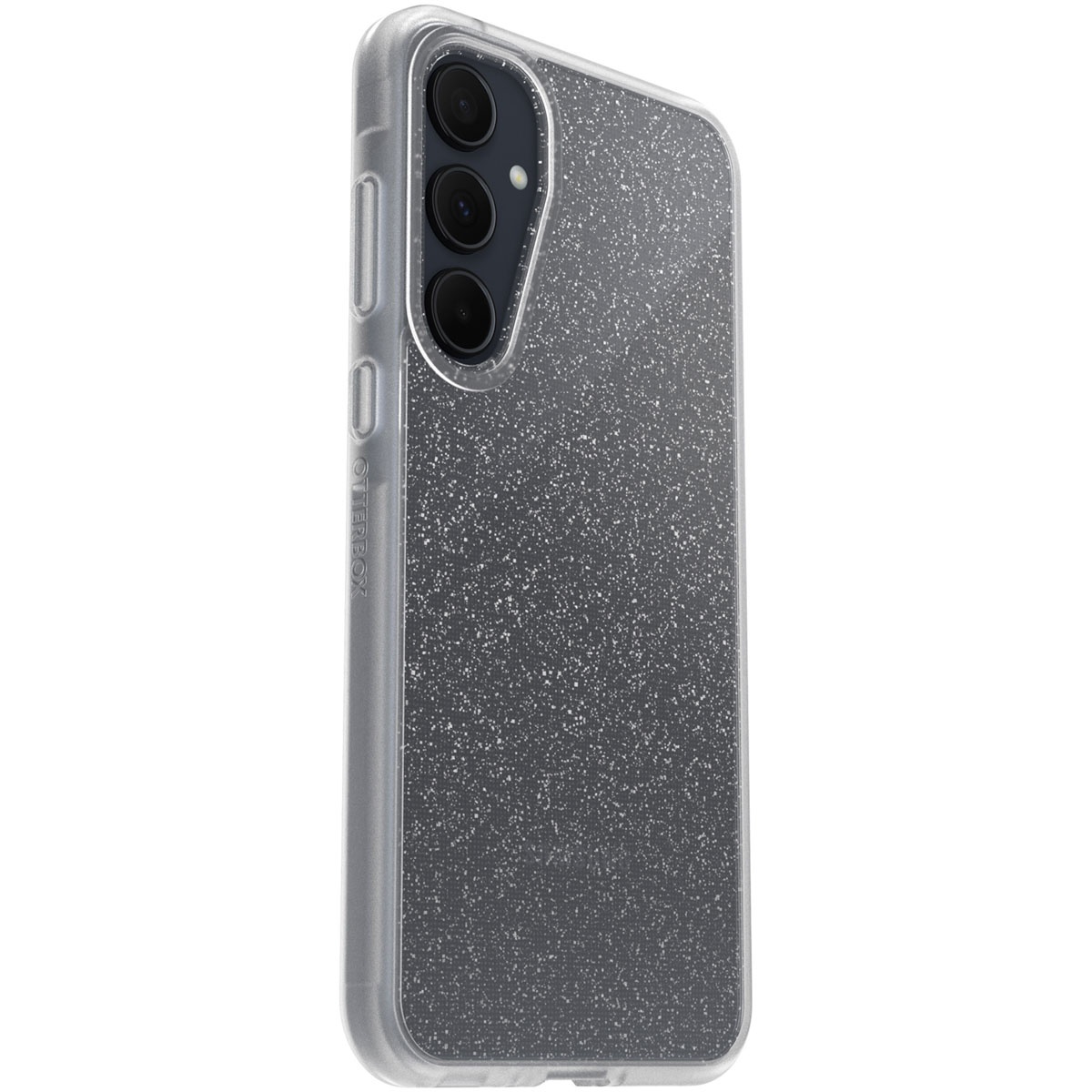 Grijze telefoonhoes met glitter. De telefoonhoes is op een telefoon geïnstalleerd.