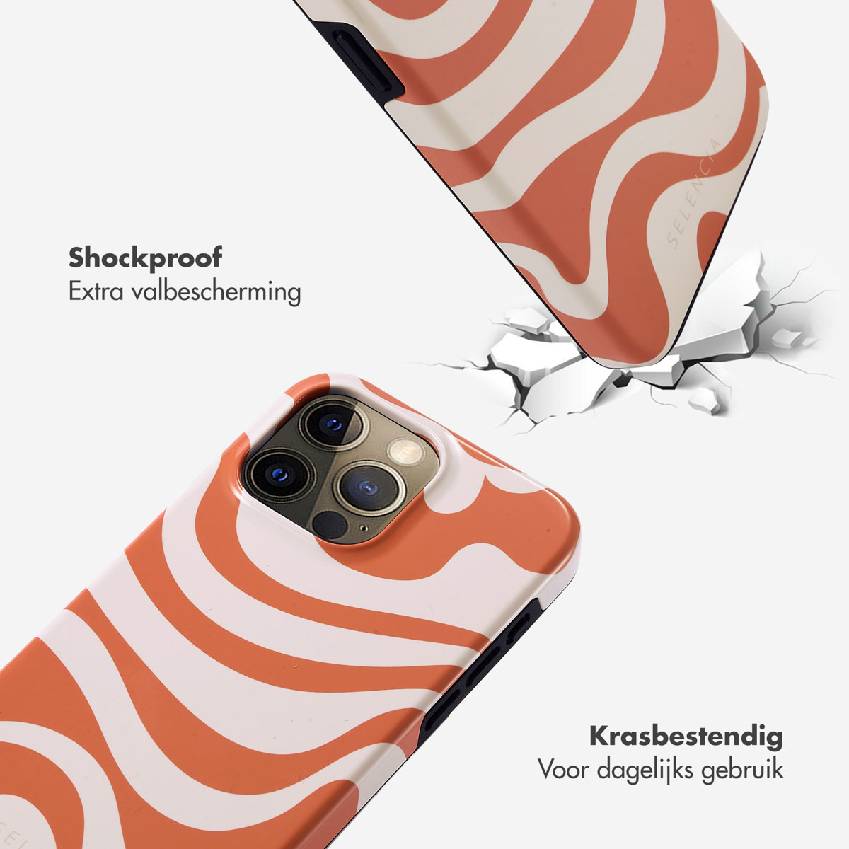 Deux coques de téléphone avec des motifs ondulés orange et blancs. Une coque tombe, l'autre est au sol. Le fond est blanc.