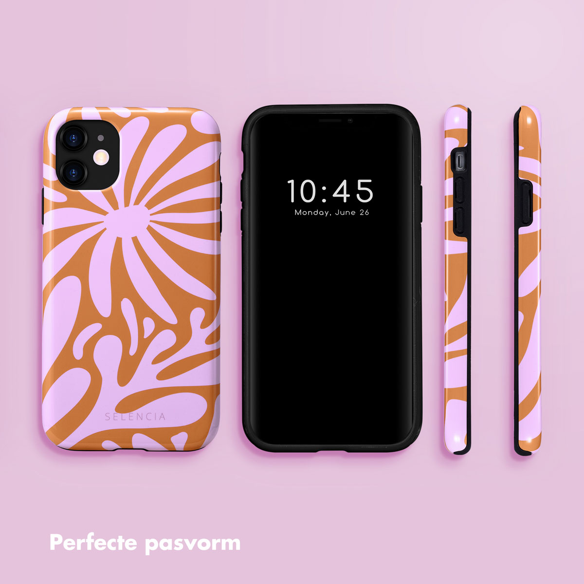 Téléphone avec étui à imprimé floral. Heure 10h45, lundi 26 juin. Vues supplémentaires montrent les côtés.