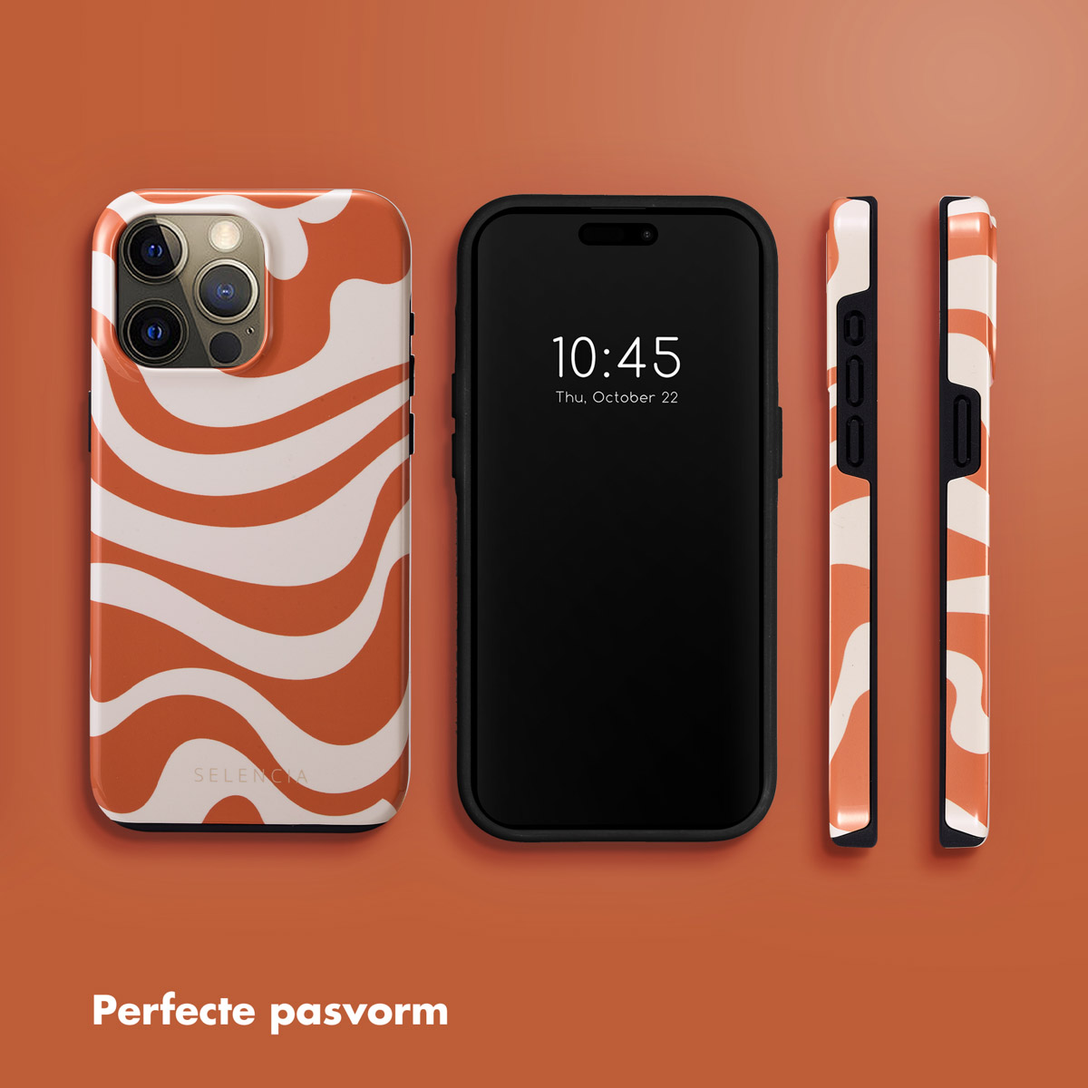 Trois téléphones avec des étuis, à motifs de vagues orange et blanches, sur un fond orange. Un téléphone affiche l'heure 10:45.