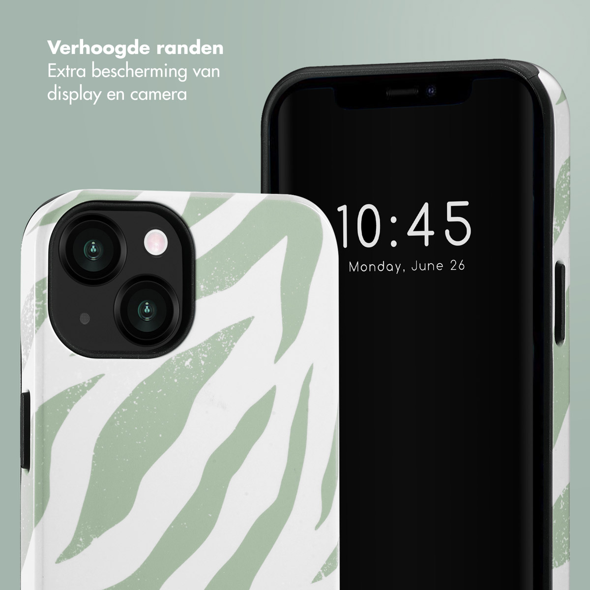 Coque de téléphone à motif zébré vert et blanc. Le téléphone affiche la date du 26 juin. Le fond est vert.