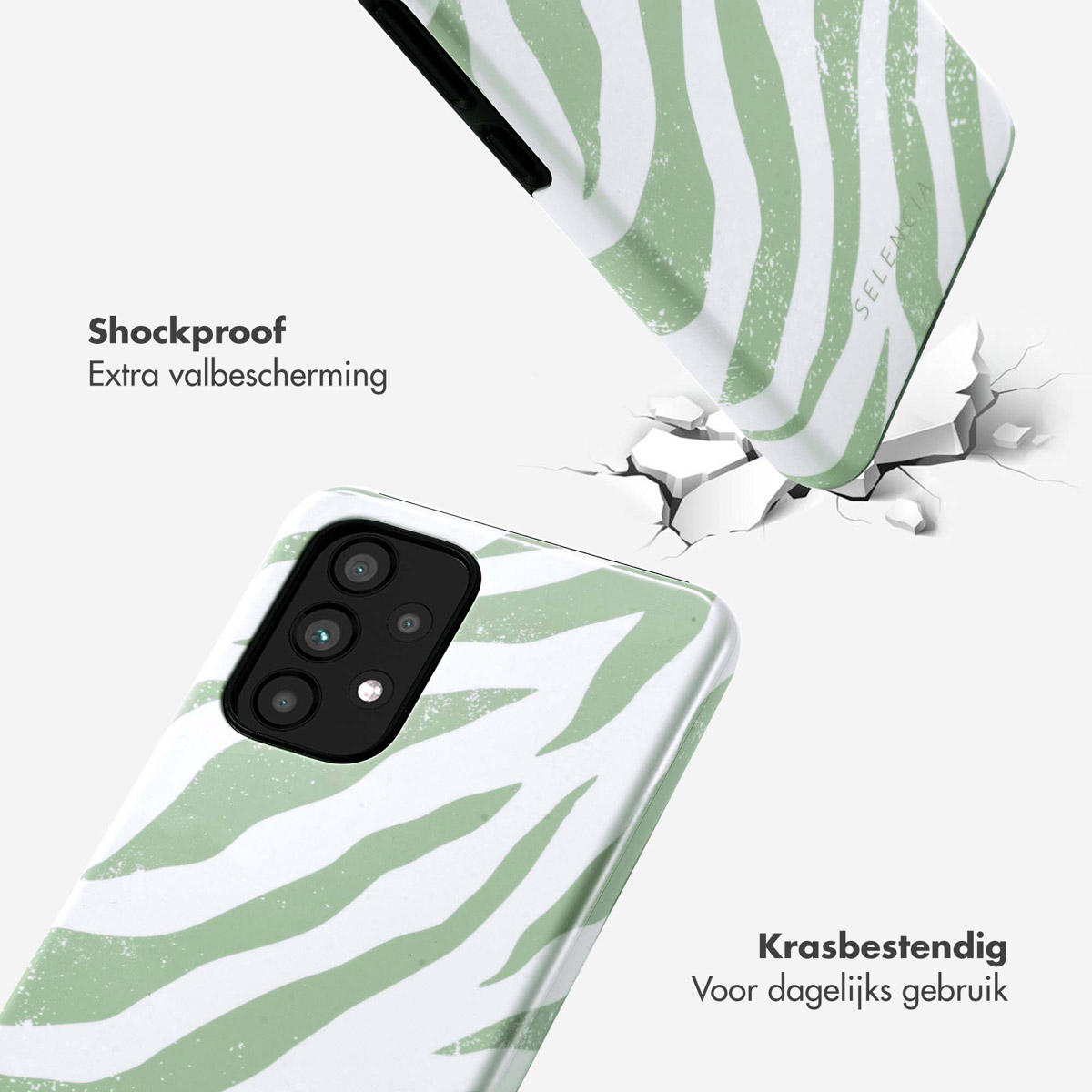 Deux coques de téléphone avec imprimé zèbre vert et blanc. L'une tombe, l'autre est sur un téléphone.